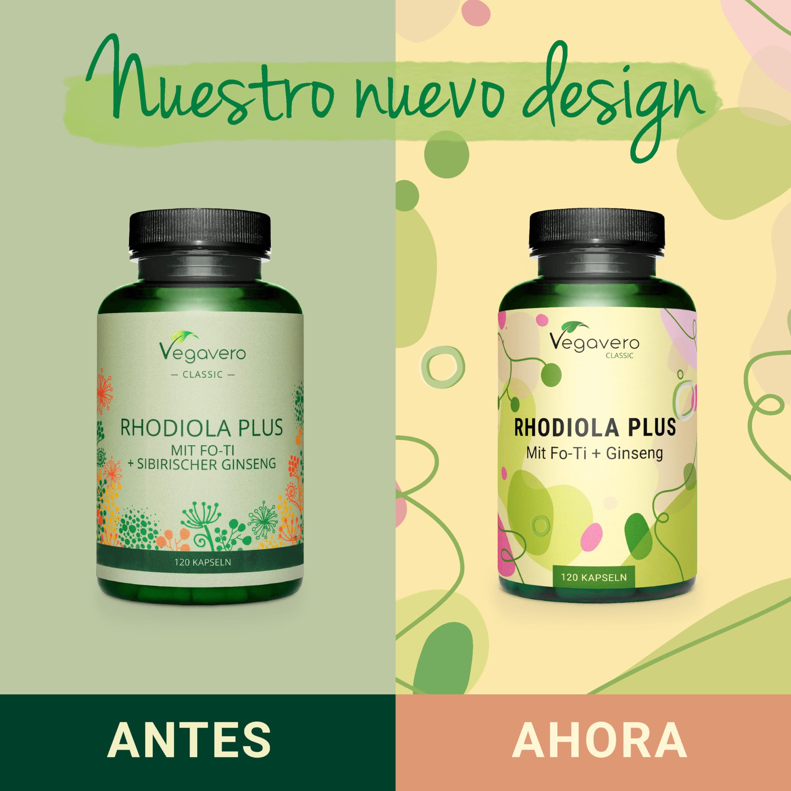 Rhodiola Rosea PLUS Vegavero® | Con Ginseng Siberiano + Fo Ti (He Shou Wu) | Nootrópicos, Memoria, Concentración | Sin Aditivos | 120 Cápsulas | Vegano