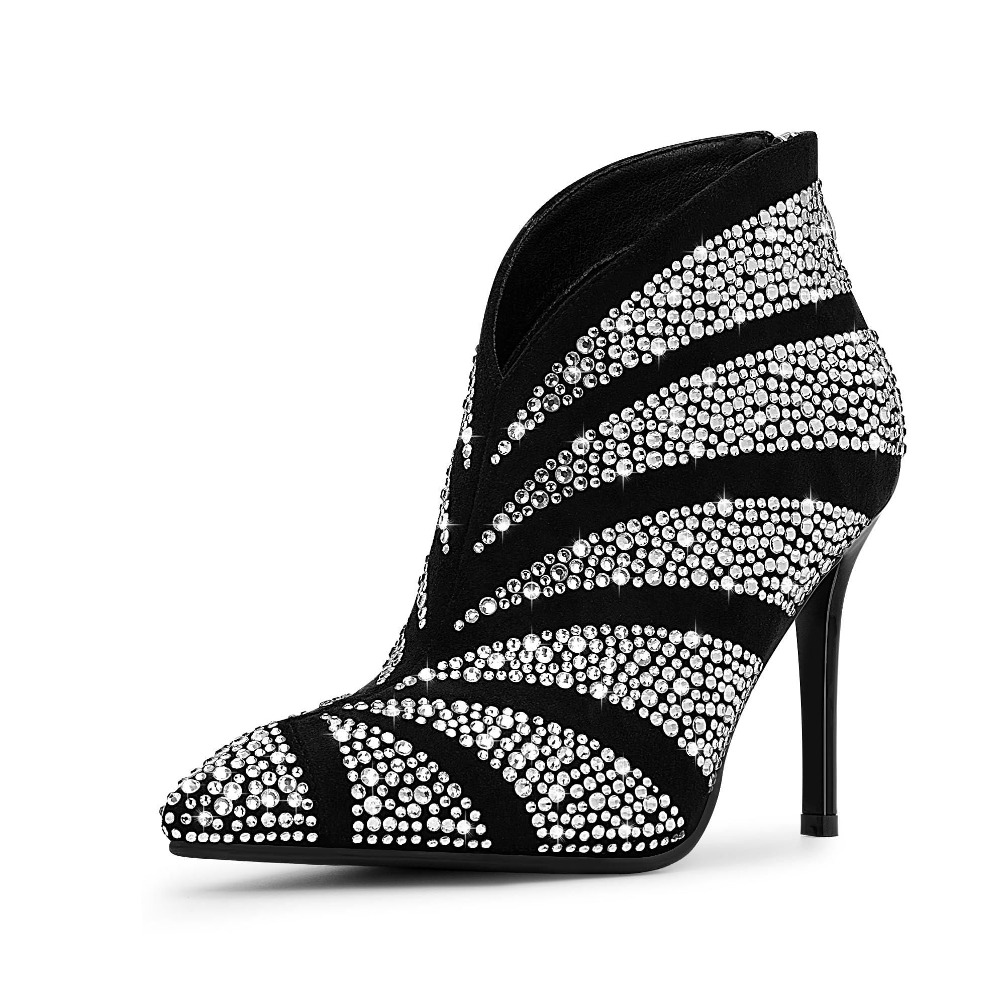 Odetina Women's Rhinestone Pointed Toe Stiletto High Heel Ankle Boots Suede Dress Booties