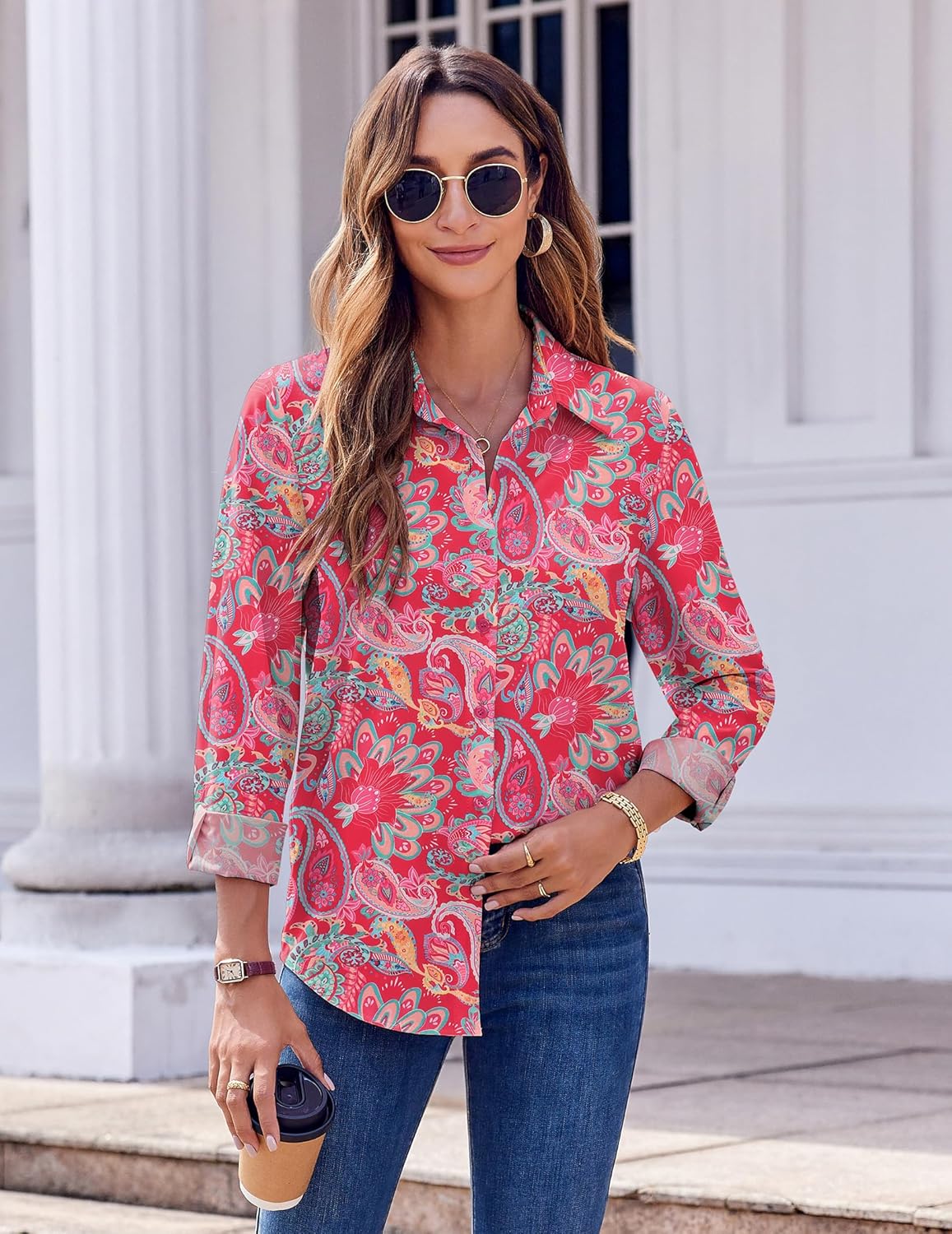 Zeagoo Button Down Shirts for Women Dressy Floral Printed Long Sleeve Blouse Business Casual Work Tops - Image 4