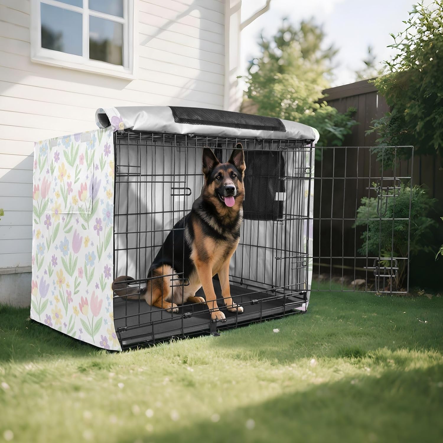 Spring Flower Tulip Daisy Pastel Dog Crate Cover Easy to Install, Pet Kennel Cover with Mesh Windows, X-Large