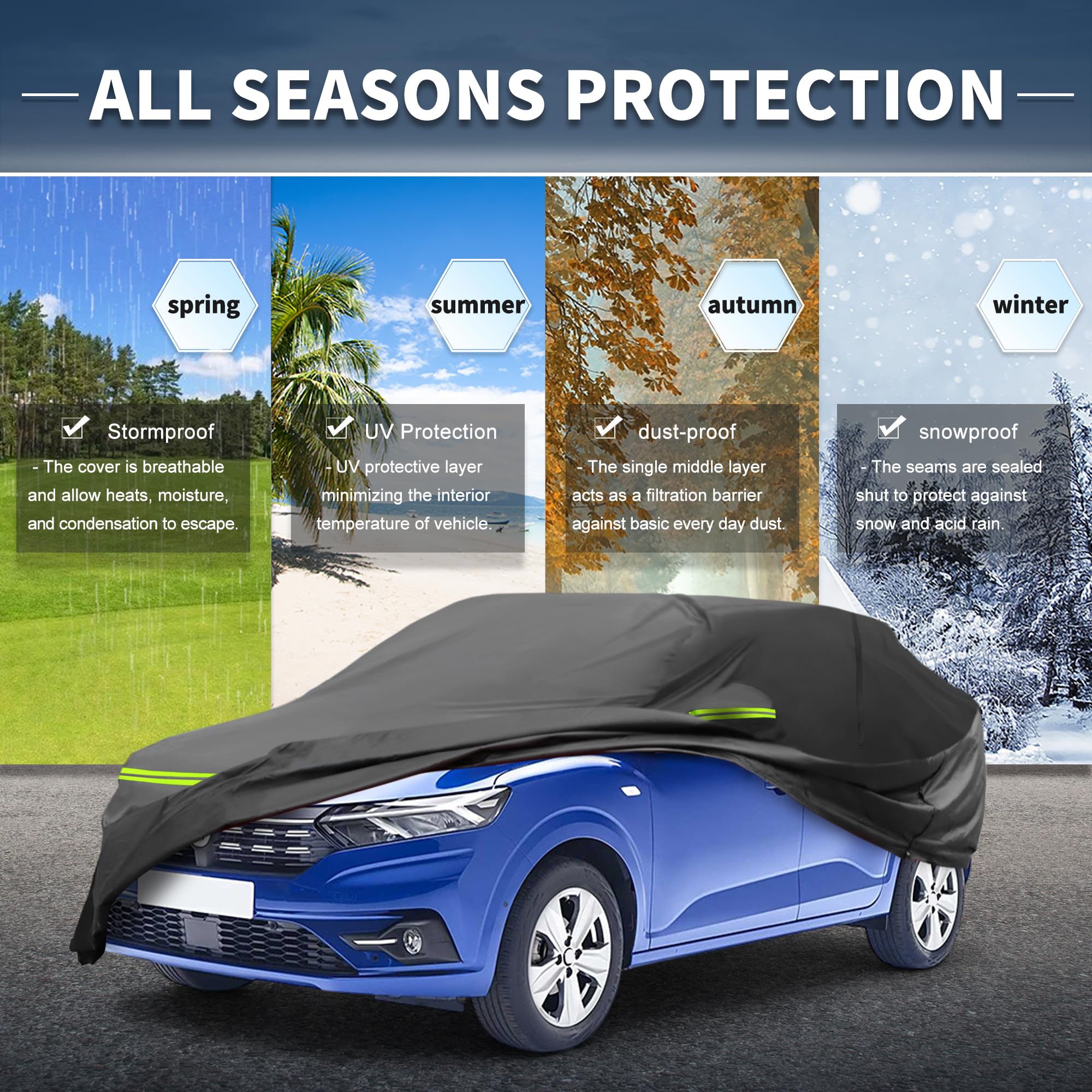 A ABSOPRO Housse Voiture pour Dacia Sandero 2008-2021 210D-Pu Housse Voiture Extérieure Complète Toutes Saisons Imperméable Coupe-Vent Protection Solaire Fermeture Éclair Conducteur Noir