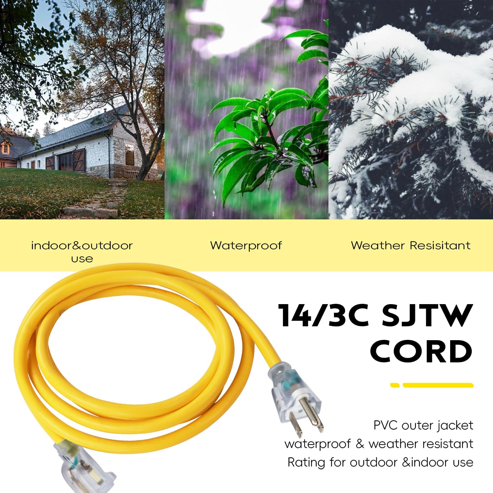 EP Cable de extensión para exteriores iluminado de 14/3 de calibre 14, SJTW, cable de extensión amarillo resistente con enchufe de tierra de 3 puntas, ideal para césped, jardín, electrodomésticos