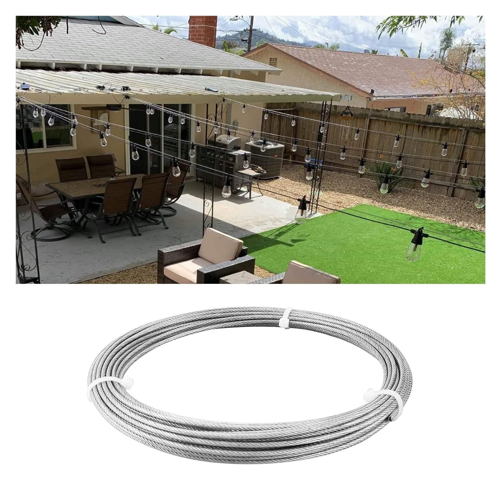 Edelstahl-Drahtseil for die Aufhängung von Leuchten an Terrassengeländern, 3 mm, silberfarben, 1 m–100 m(75M/246ft)