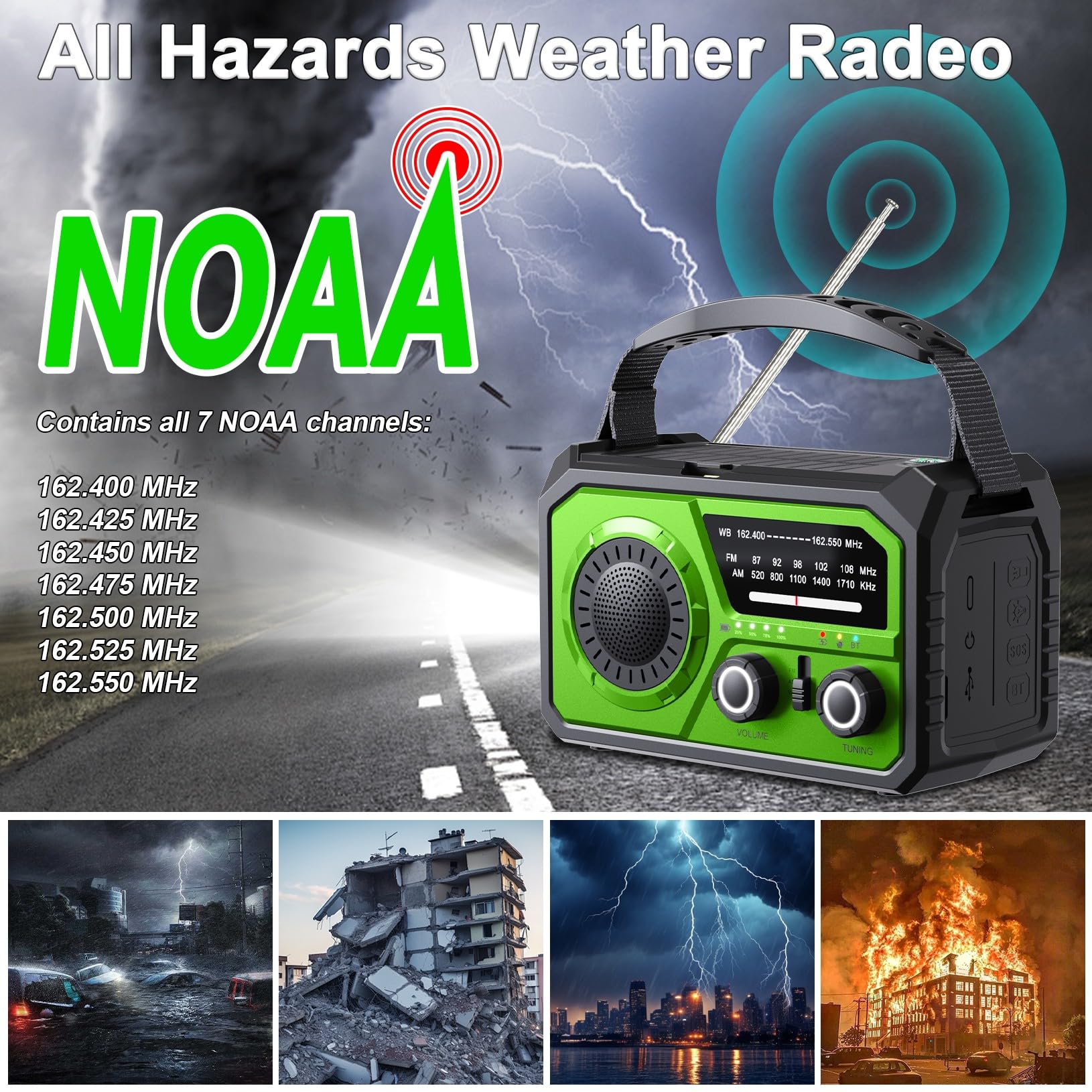 Radio météo d'urgence à manivelle 16 000 mAh avec haut-parleur sans fil, 59 200 mWh, radio solaire NOAA AM FM avec lampe de poche, chargeur de téléphone portable, lampe de lecture, boussole, SOS pour