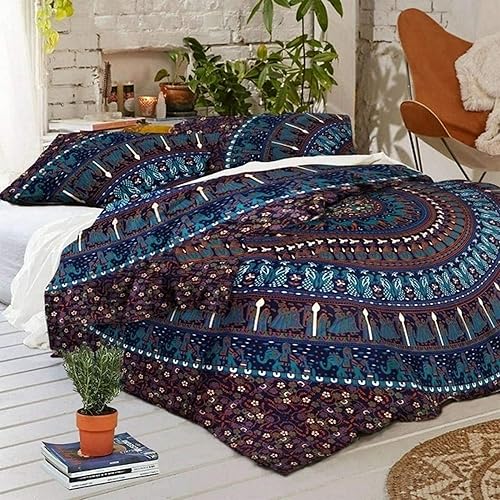 Traditional Jaipur Funda de edredón de mandala indio bohemio, tamaño QueenTwin, funda de edredón de algodón, colcha bohemia con fundas de almohada