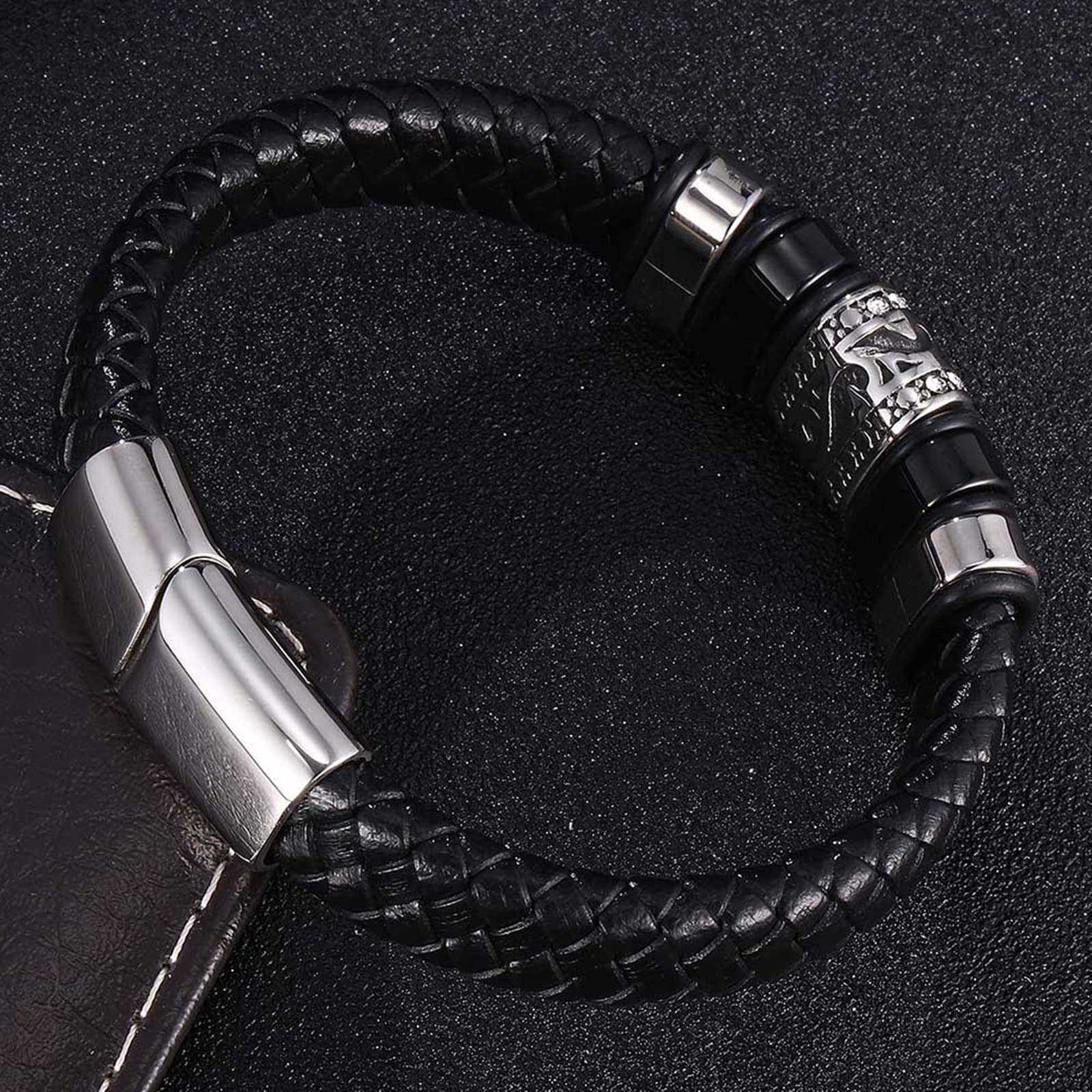 Armband für Herren aus Edelstahl, Herrenarmband, schwarzes geflochtenes Lederarmband mit silberner Schnalle, 16,5 cm Länge, Hip-Hop-Schmuck, Herrenarmband