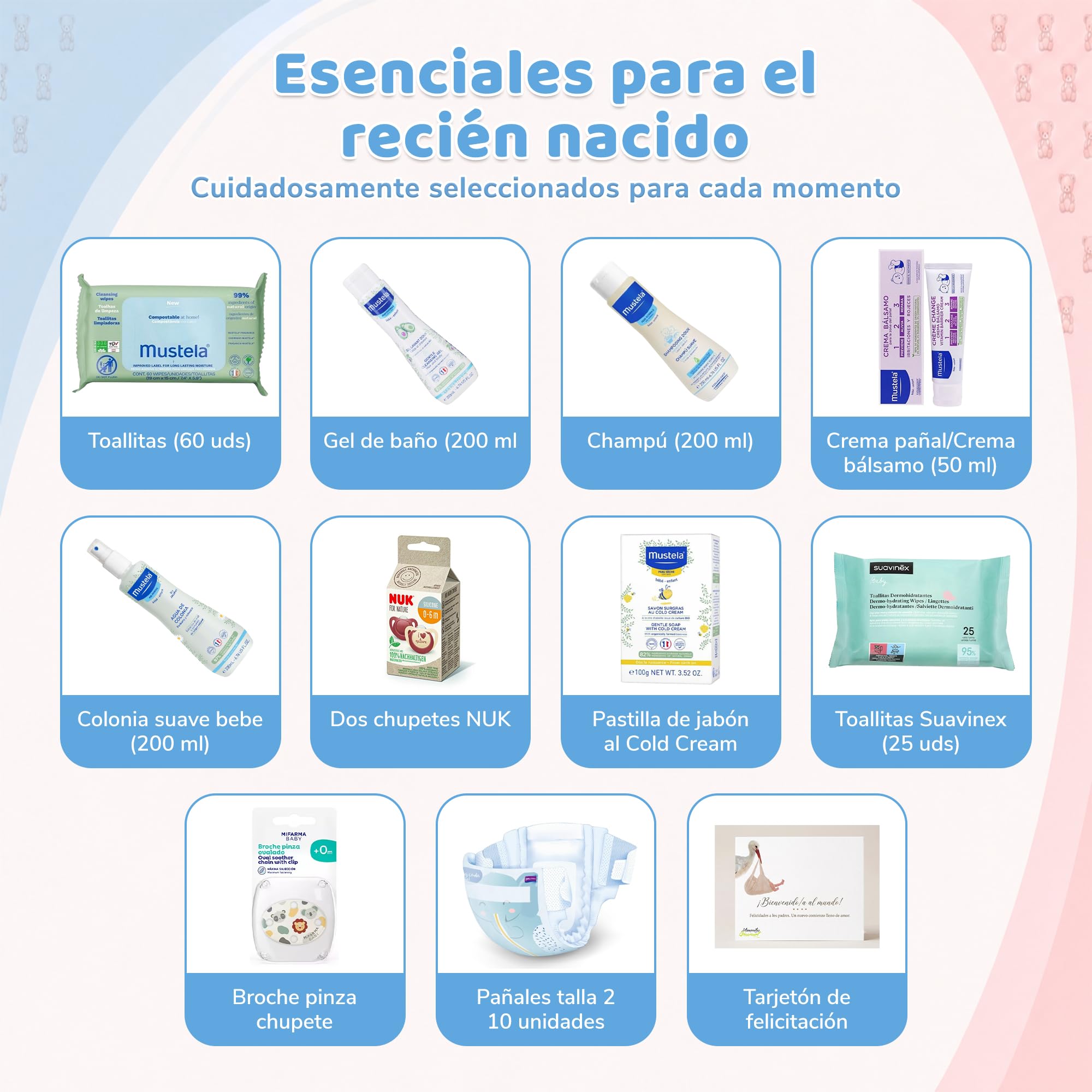 Cesto regalo per neonato, set regalo unisex per maschietti e femminucce, kit igienico completo con gel, shampoo, acqua di colonia, salviettine, pannolini, ciucci e clip, kit per neonato baby shower