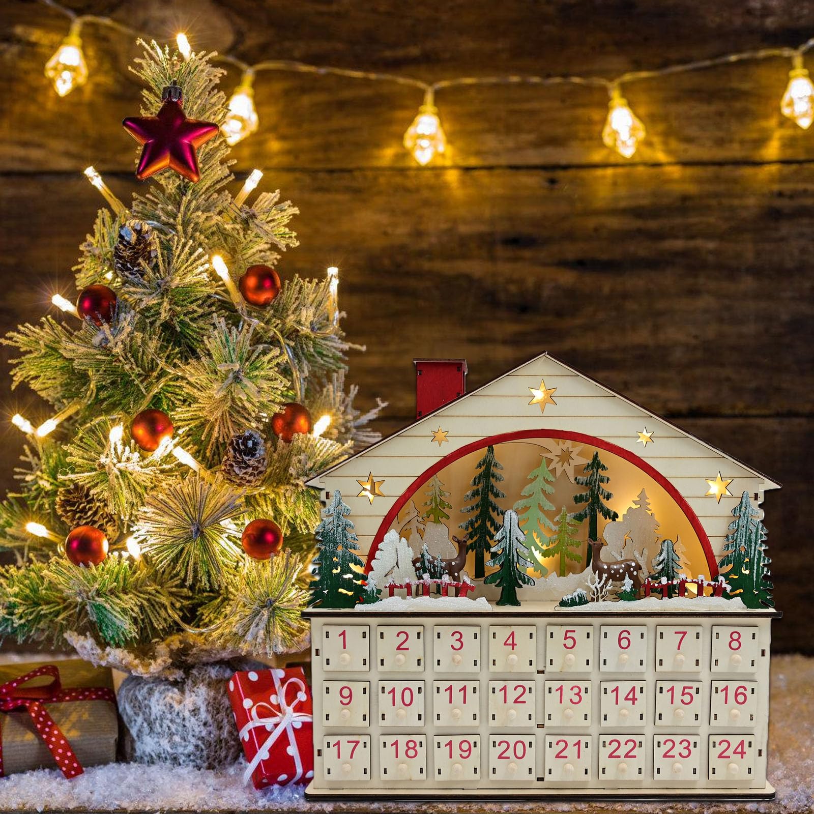 Natürlicher Holz-Adventskalender, Weihnachts-Holz-Advent mit Schubladen, LED-beleuchteter Countdown mit 24 Schubladen, Countdown bis Dekorationen für Partydekoration