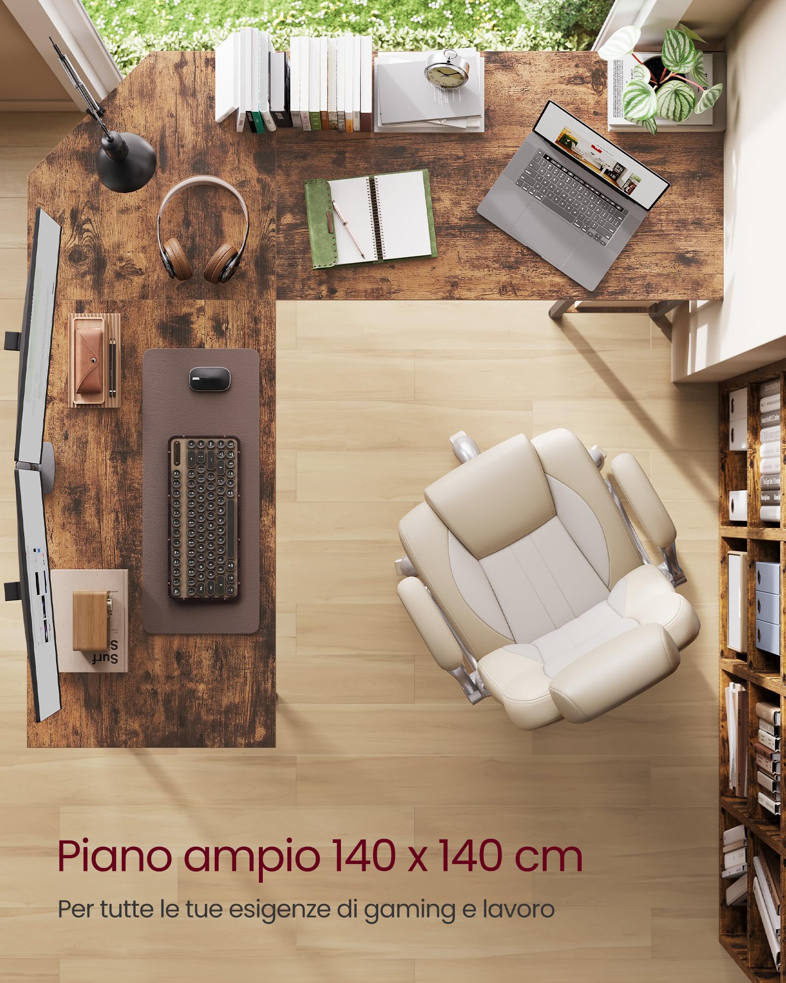 VASAGLE Scrivania per Computer a Forma di L, 138 x 138 x 76 cm, Scrivania ad Angolo con 2 Ripiani, per Ufficio Studio, Marrone Vintage e Nero LWD72X