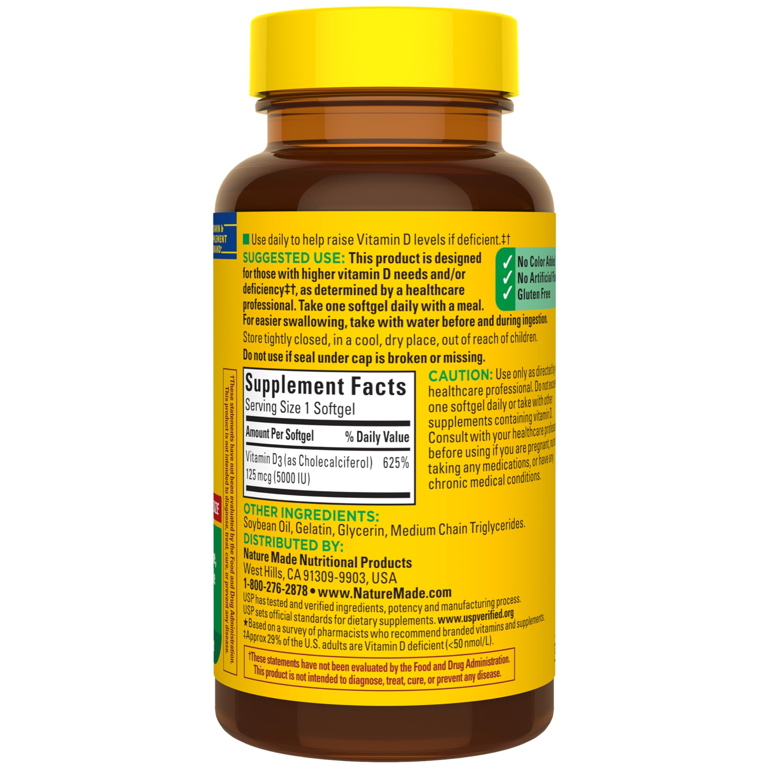 Nature Made Vitamin D3 5000 IU (125 mcg) Softgels, Extra Strength Vitamin D Supplement for Bone and Immune Health Support, 180 Count, 180 Day Supply