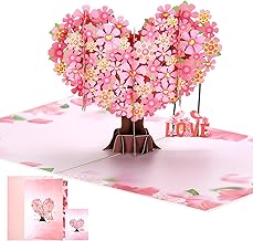 Flower Pop-Up Card, 3D Heart Shaped Greeting Card with Cherry Blossom, LOVE 3D Pop Up Bird with White Envelope, Valentines Card, Sakura Birthday Card