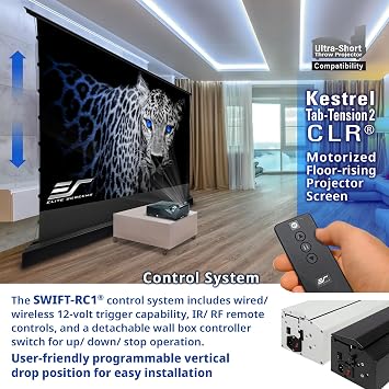 Elite Screens Kestrel Tab-Tension CLR, 121 inch 16:9, Ultra-Short Throw Ceiling Ambient Light Rejecting ALR Electric UST Floor-Rising Projection Motorized Front Projector Screen, FTE121UH3-CLR, Black