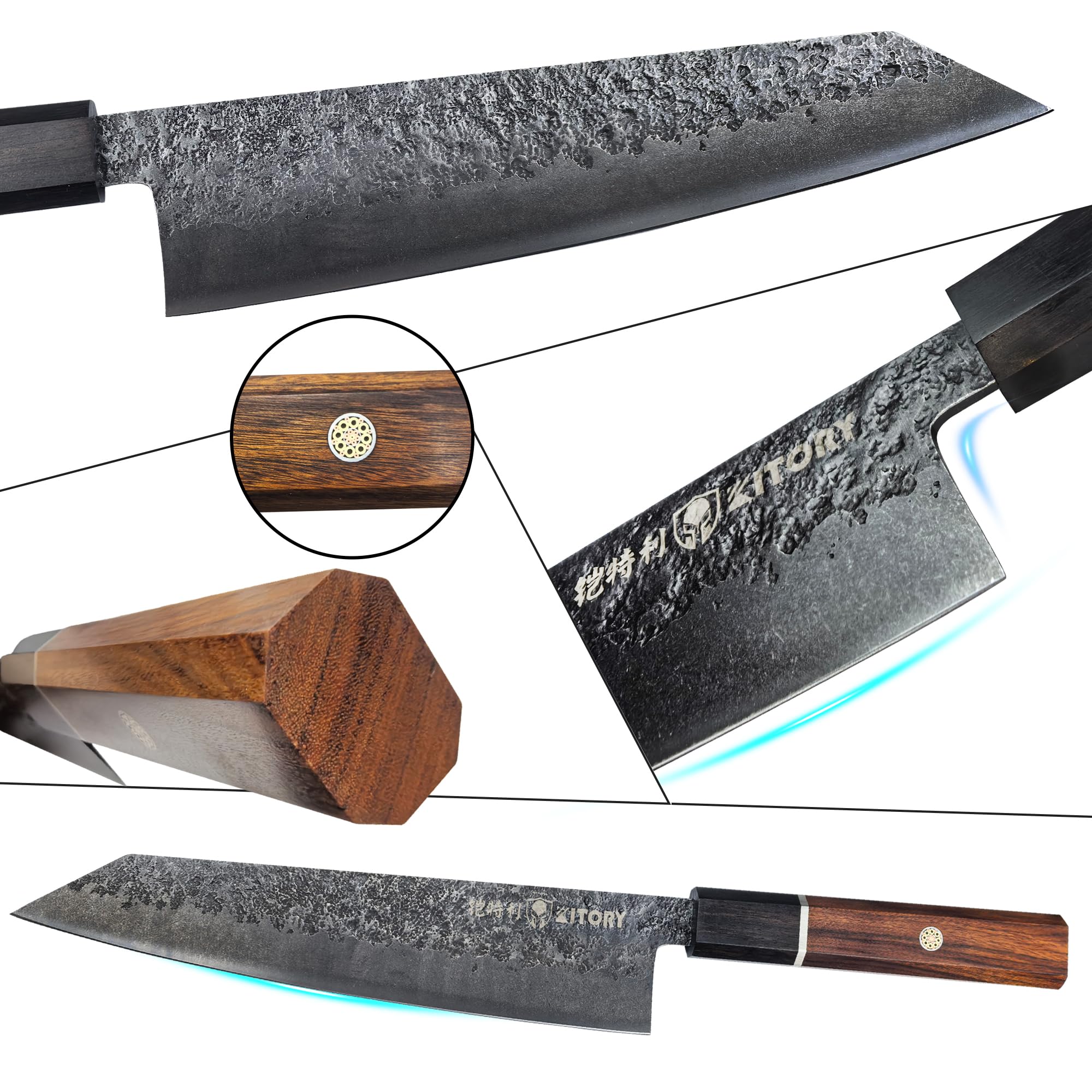 KITORY Japoński Nóż Kiritsuke 20 cm | Profesjonalny nóż kuchenny, Superostrzeostrze, Elegancka rączka z czarnego drewna, Czerwony gumowy kwadrat