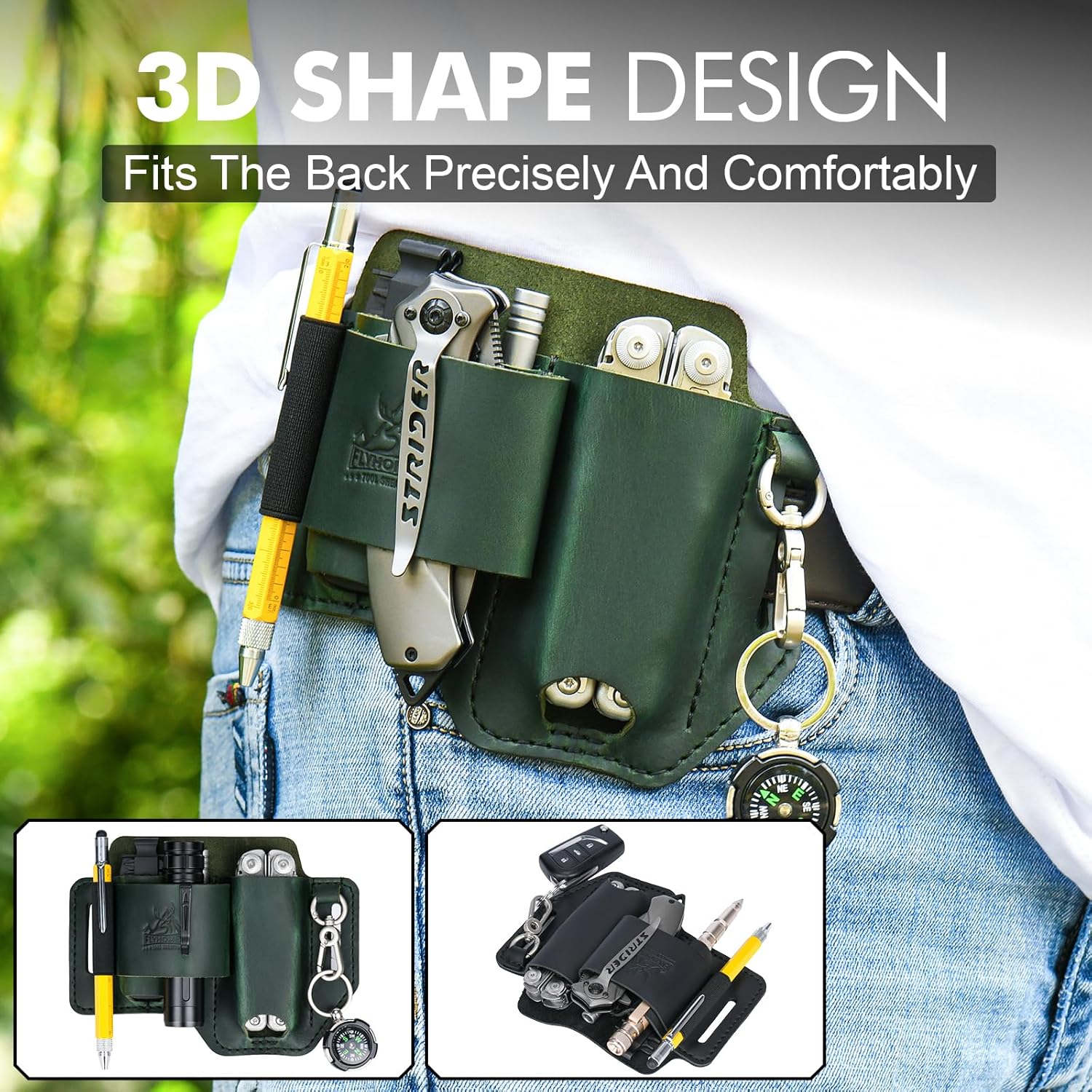 FLYHOMES Genuine Leather Multitool Sheath | Handmade Stitched Belt Organizer for Leatherman Surge | Holds Bit Kit & Extender | Flashlight Holster, Pen & EDC Tools Pouch | Dark Green