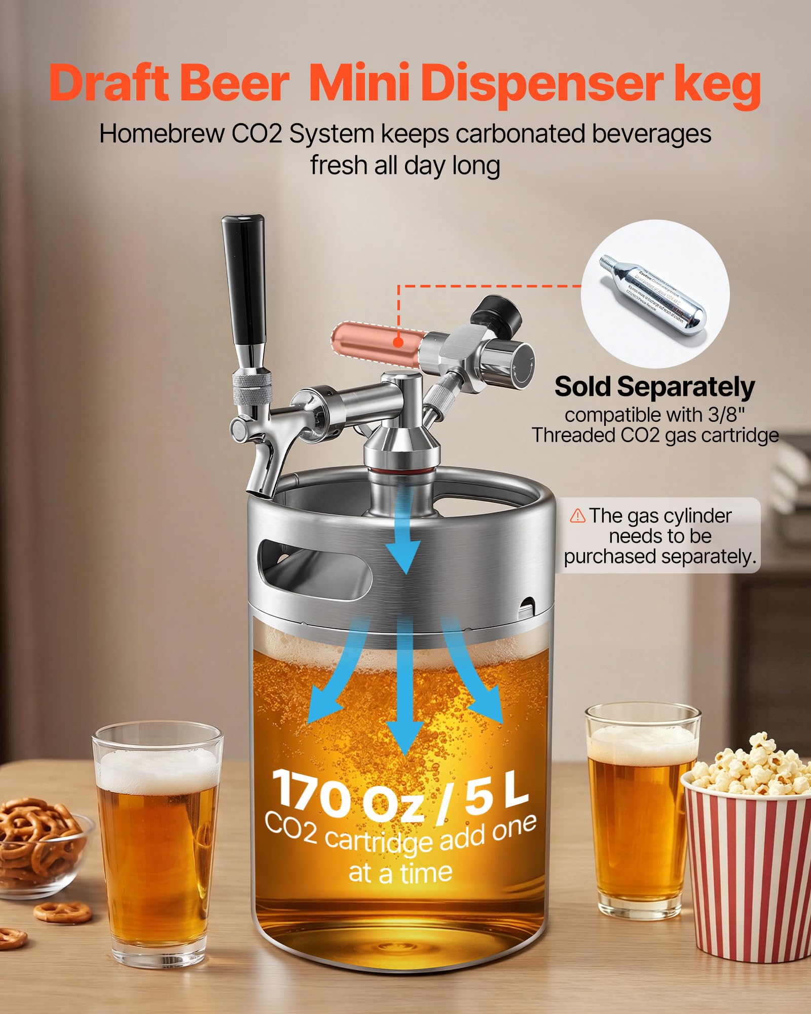 VEVOR Mini Fût 5 L Tireuse de Bière Portable en Acier Inoxydable 304, Système de Tirage sous Pression pour Soda Vin Jus de Fruit, Fût Pressurisé avec Régulateur CO₂ et Robinet à Fermeture Auto