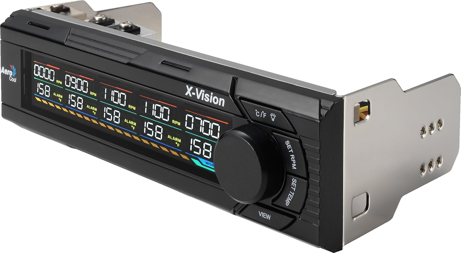 Aerocool X-Vision 5-channel fan controller, front view with LCD display showing fan speeds, temperatures, and controls.