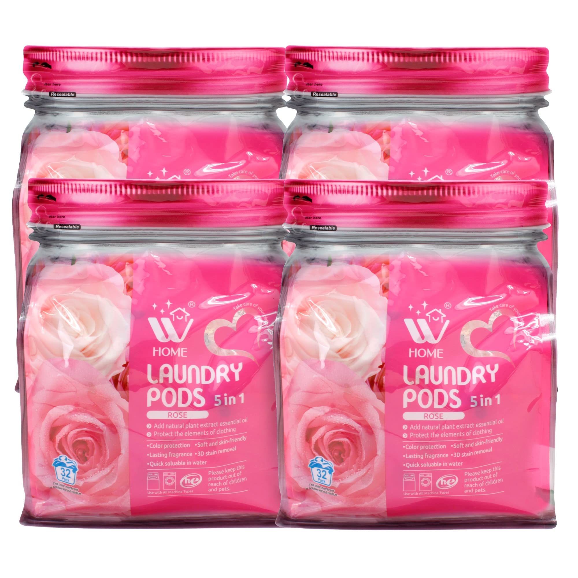 WBM W Home 5-in-1 Laundry Pods, Total 128 Count, High Efficiency, Ultra Concentrate with Powerful Stain Lifter Technology, Fabric Softener With Rose Extracts, Detergent Pods, 32 Count/Each (Pack of 4)