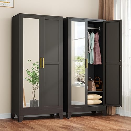 Metal Armoire Wardrobe Closet with 2 Mirror Doors, 71"' Wardrobe Cabinet with Adjustable Shelves and Hanging Rod, Clothing Storage Cabinet Closet with Mirror for Bedroom-Black