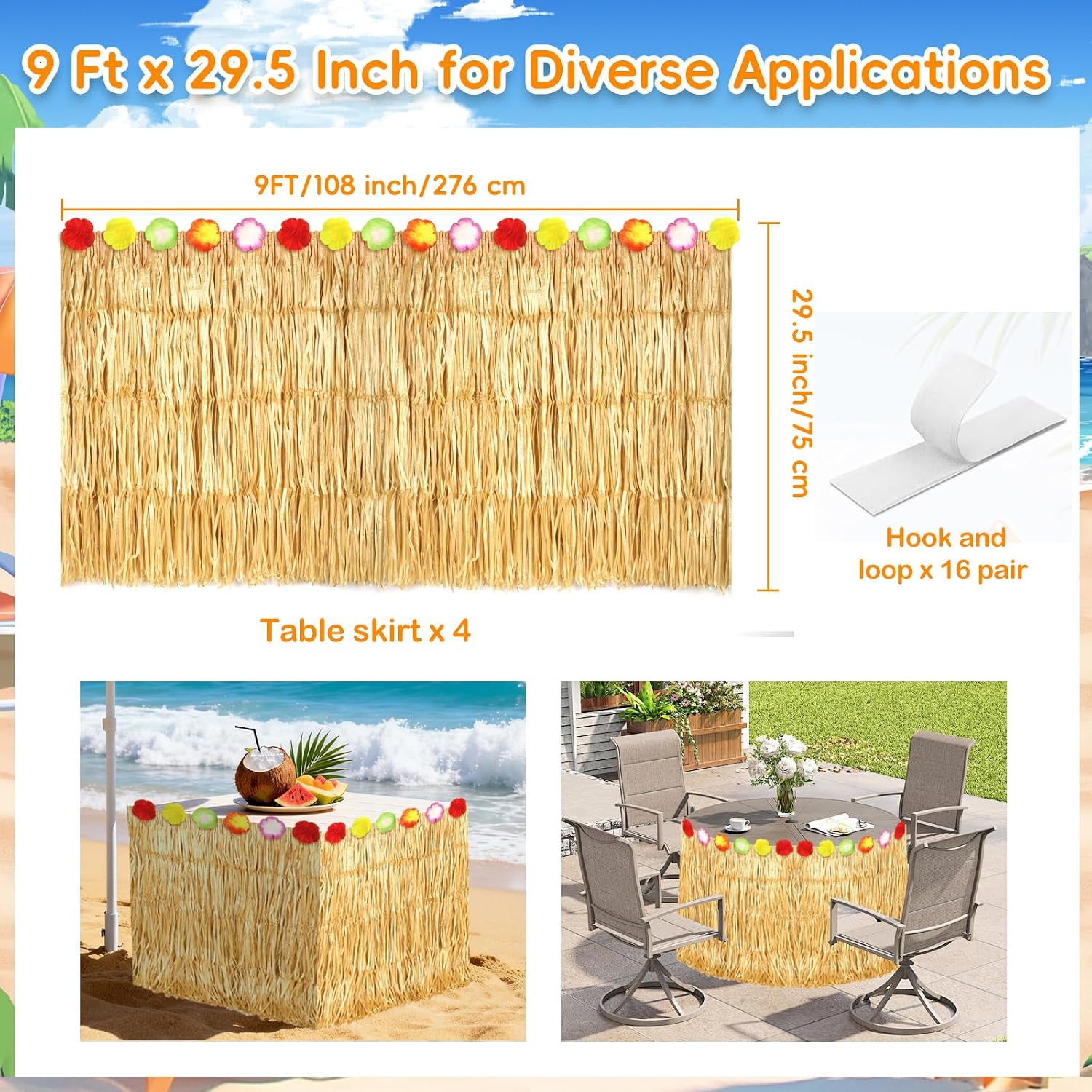 4 Pack Hawaiian Grass Table Skirt 108" x 29.5", Laua Party Decorations Grass Skirt for Table with Flowers, Hawaiian Party Decor for Luau Birthday Beach Tropical Summer Party Supplies