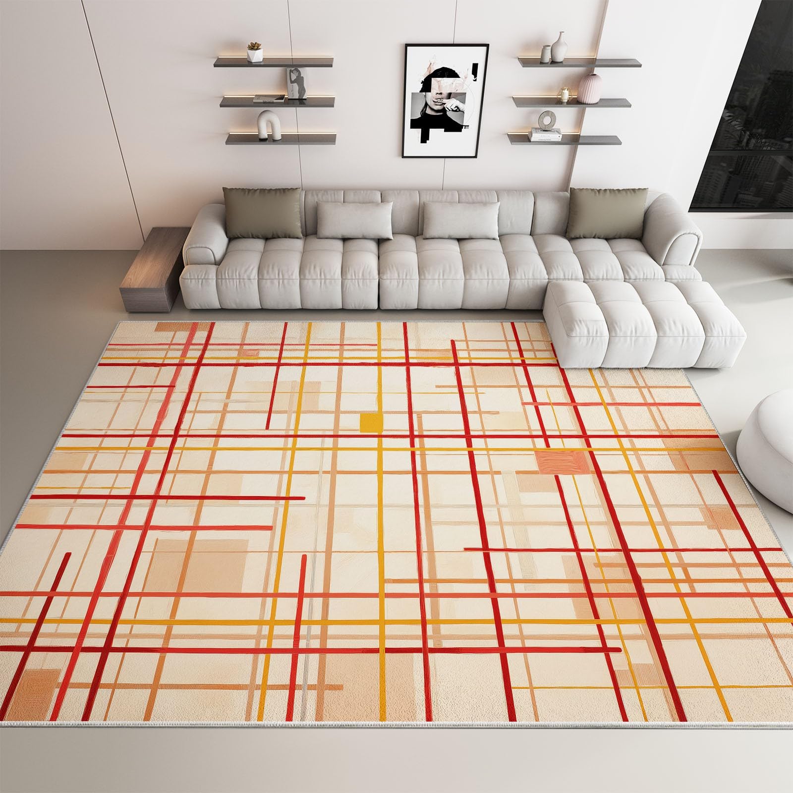 Beige Flanell Teppich 100 x 160 cm Gitterlinien Waschbarer Teppich, Geometrischer Hintergrund rutschfest Bedruckter Teppiche für Wohnzimmer Kinderzimmer Spielzimmer Esszimmer und EIN