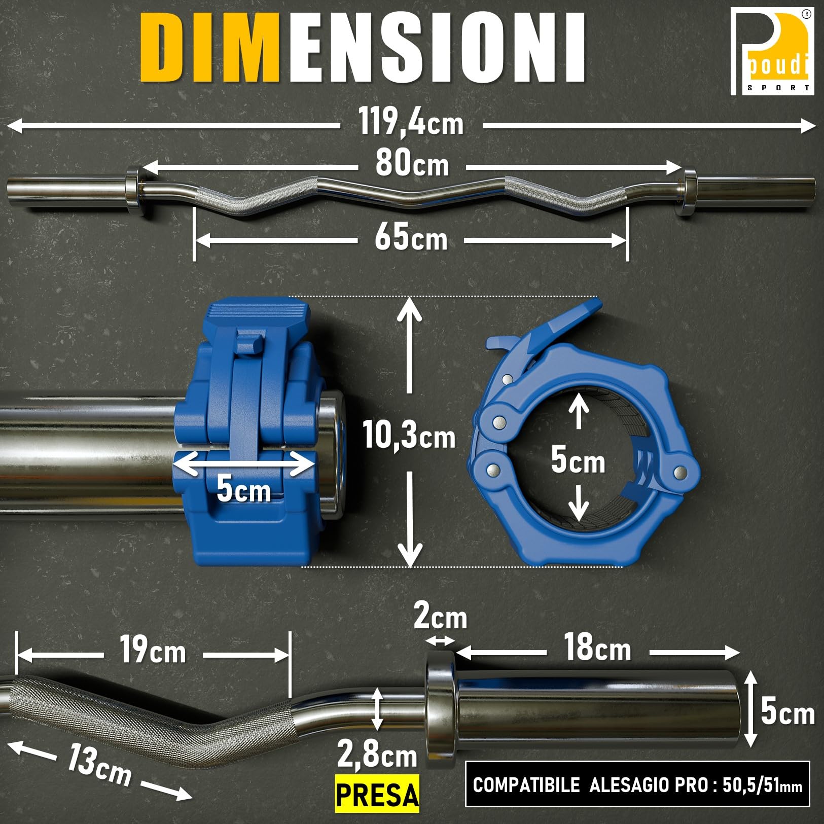 1 EZ curl barra bilanciere in acciaio cromato 120cm – 10kg - Ø 50mm | Carica massima : 182kg | 2 Morsetti per bilanciere