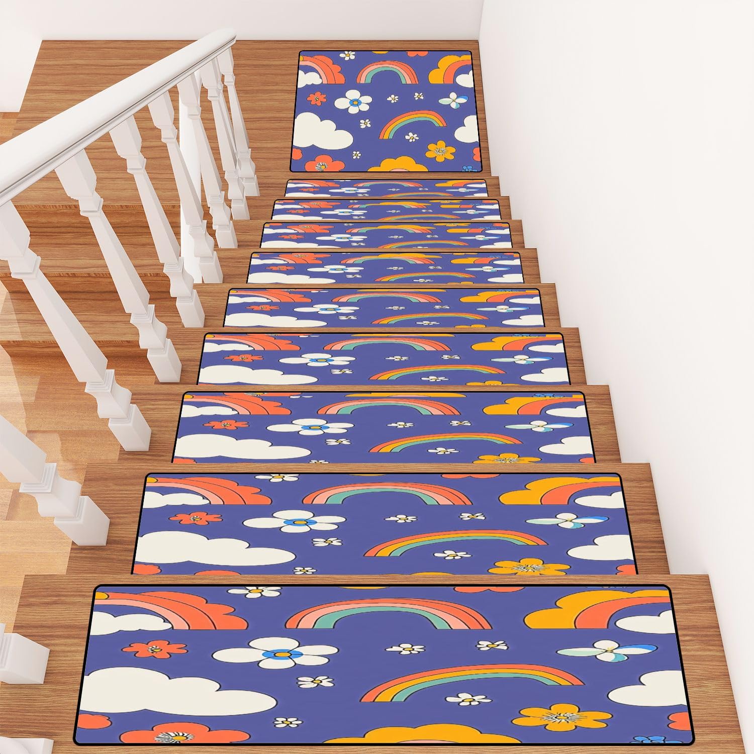 13+1 Wooden Steps Stair Treads Carpet with Landing Stair Rugs Retro Summer Sky Surface for Baby Childish Wavy Rainbows Moon Cloud Non-Slip Indoor