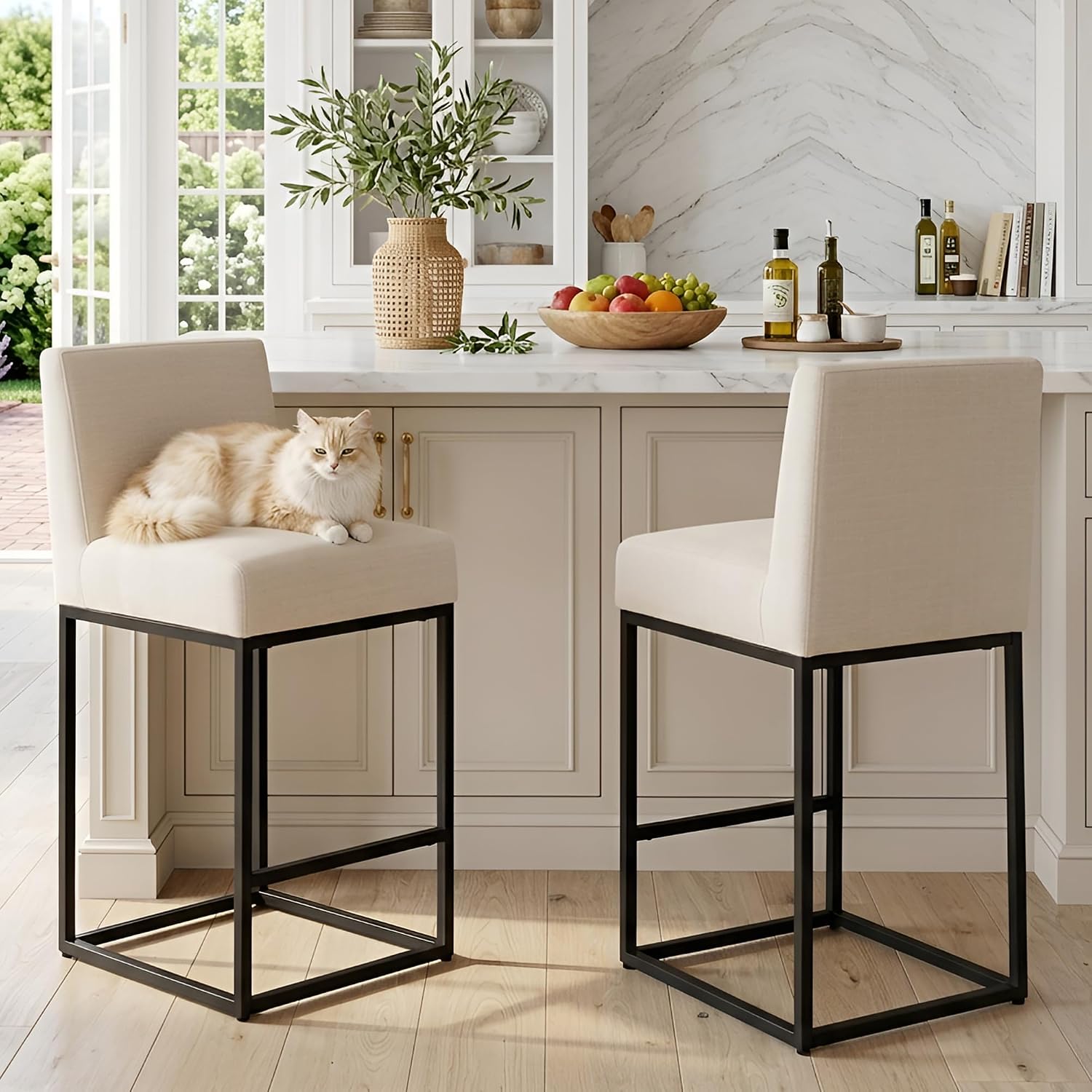 HNY Modern Counter Height Bar Stool, Linen Fabric Upholstered Bar Stool with Backs, 27 Inch Kitchen Island Stools with Black Metal Frame, Cream