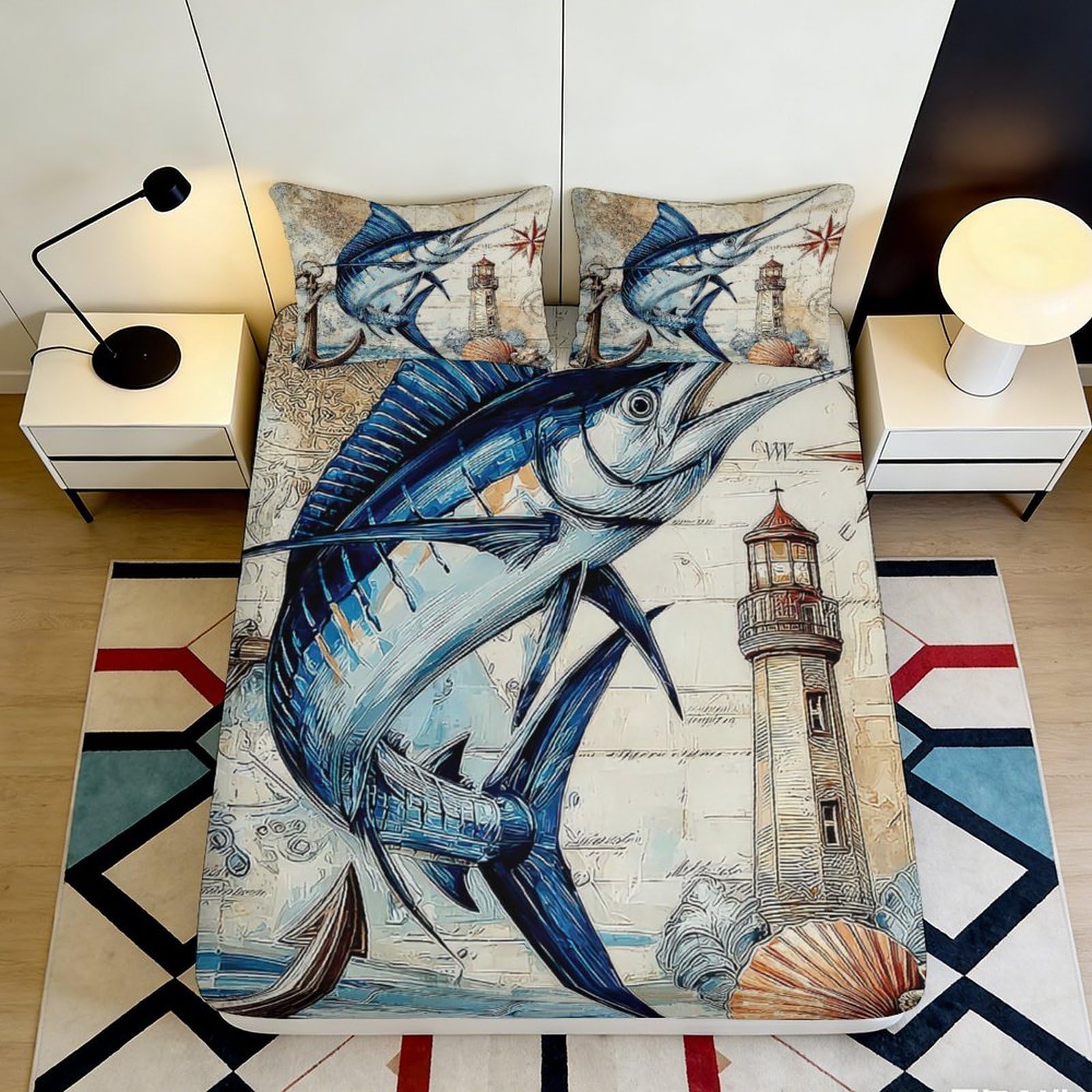 3D Printed Ocean Lighthouse Pattern Fitted Sheet Microfiber Deep Pocket for Adults Bedroom Bedding Nautical Mattress Fitted Cover 200x200x25cm