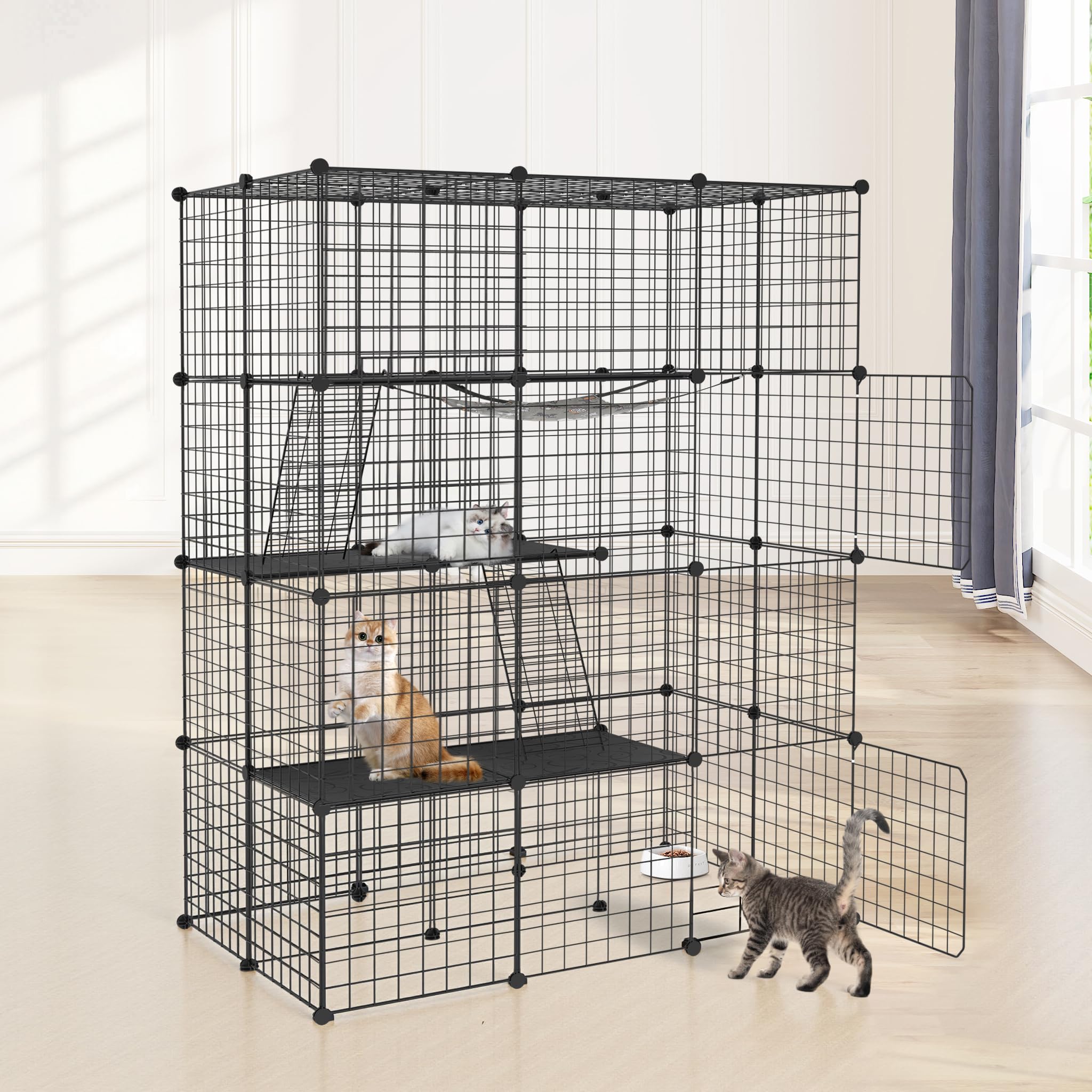 NAIZY Jaula para gatos de 4 pisos grande con hamaca, 146 x 110 x 74 cm, jaula de metal extraíble, parque para interiores y balcón