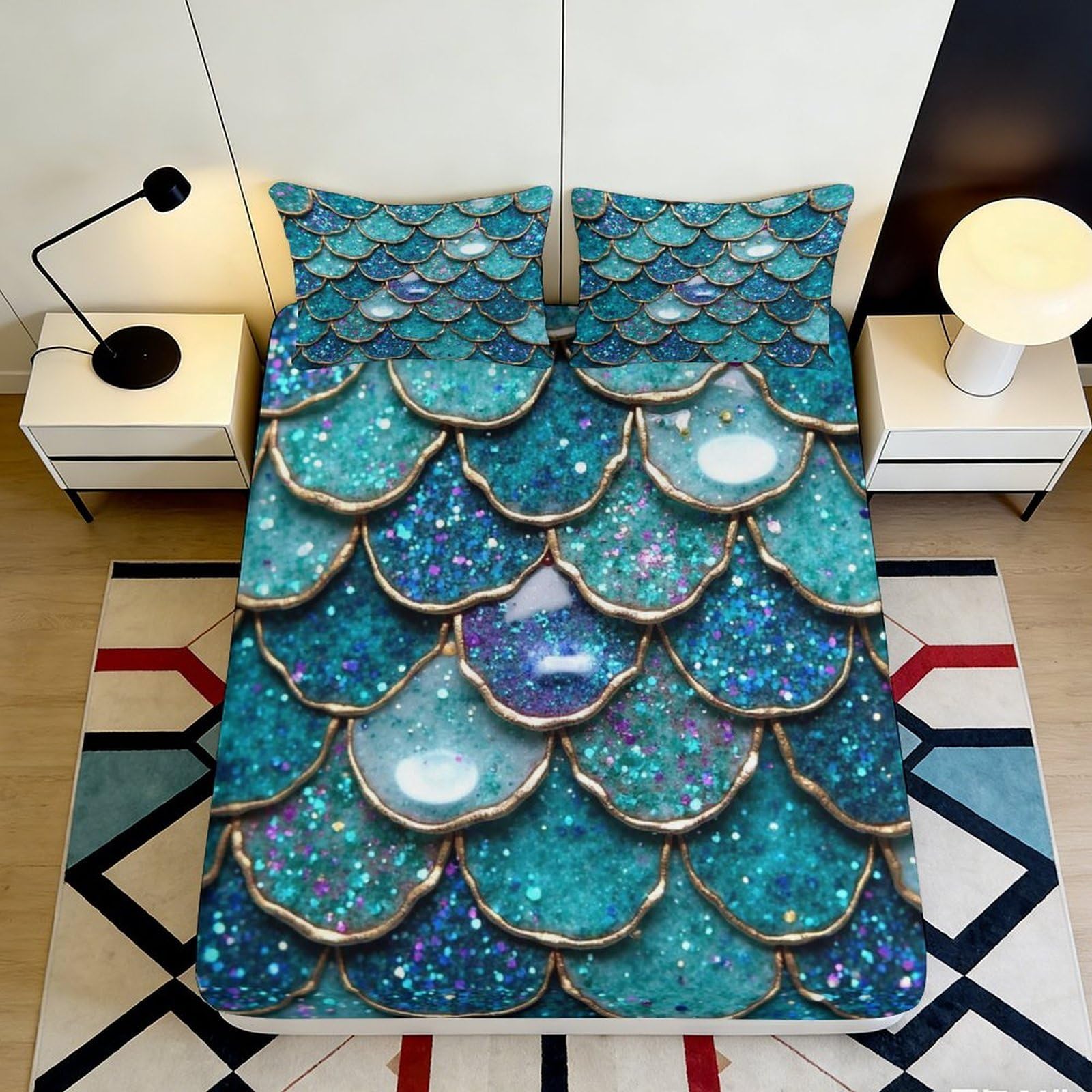 3D Printed Mermaid Scale Fitted Sheet Microfiber Soft Teal Glitter Ocean Mattress Cover Bedroom Dorm Decor 200x200x25cm