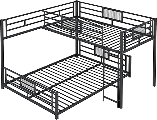 Miniatura 49 de Litera en forma de L individual sobre cama matrimonial adjunta, litera triple de metal con escritorio y tobogán integrados, marco de literas de