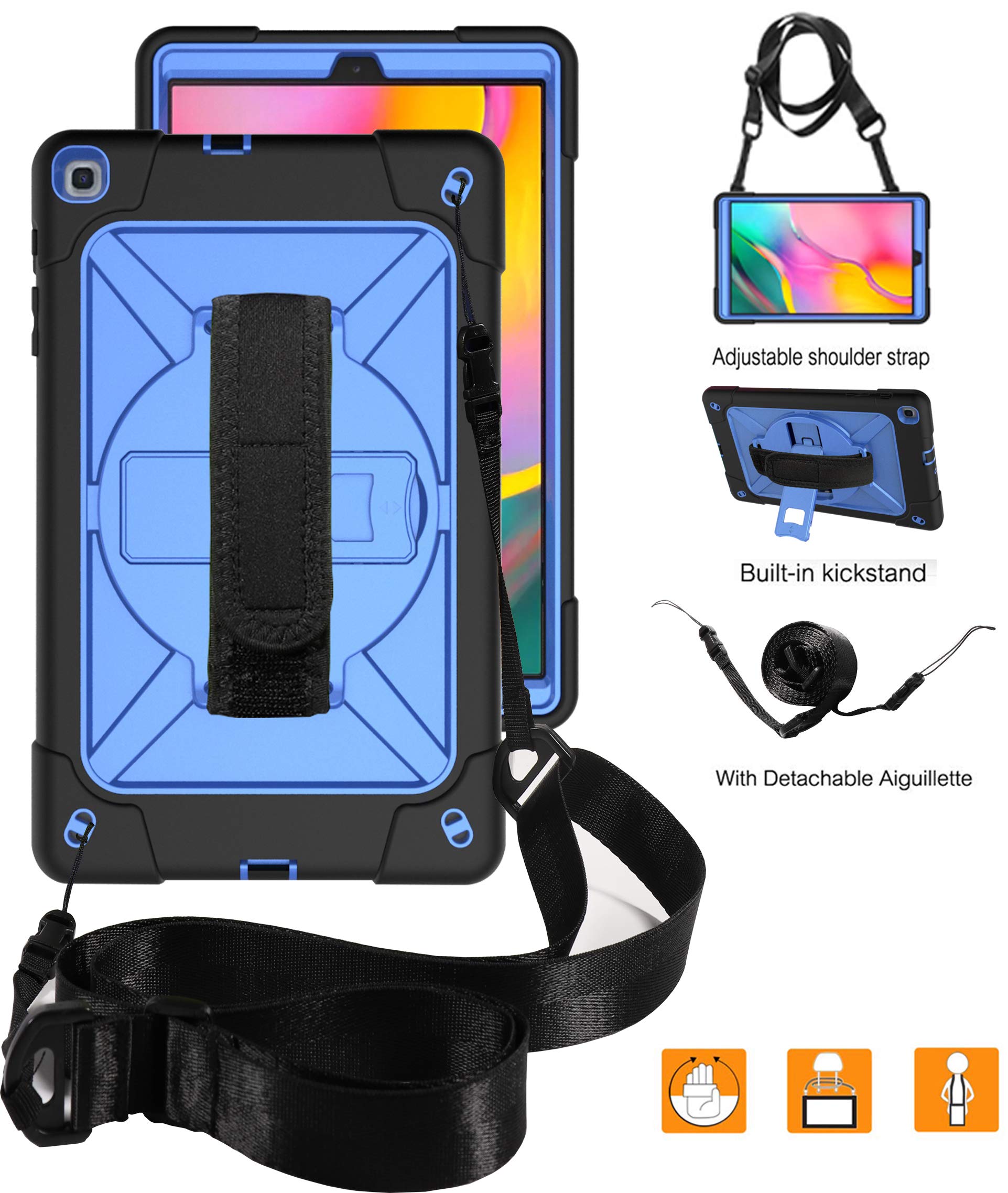 Etui na tablet do Galaxy Tab A 10.1 (2019), wytrzymały pokrowiec ochronny z wbudowaną podstawką, paskiem na rękę i paskiem na ramię do Samsung Galaxy Tab A 10.1 (2019) / SM-T510 / SM-T515 czarny + niebieski)