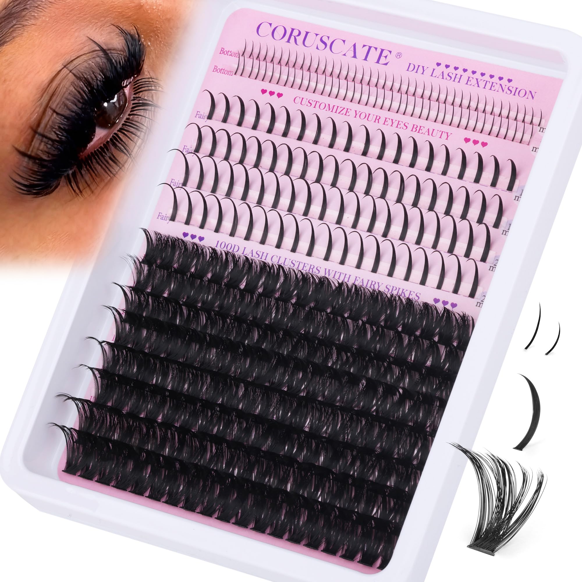 CORUSCATE 100D Cluster Lashes with Bottom Lashes Spikes Individual Eyelashes Multi-type DIY 5-20mm Eyelash Thick Clusters Lash Individual Cluster Fairy and Spiky Lash Clusters Extension
