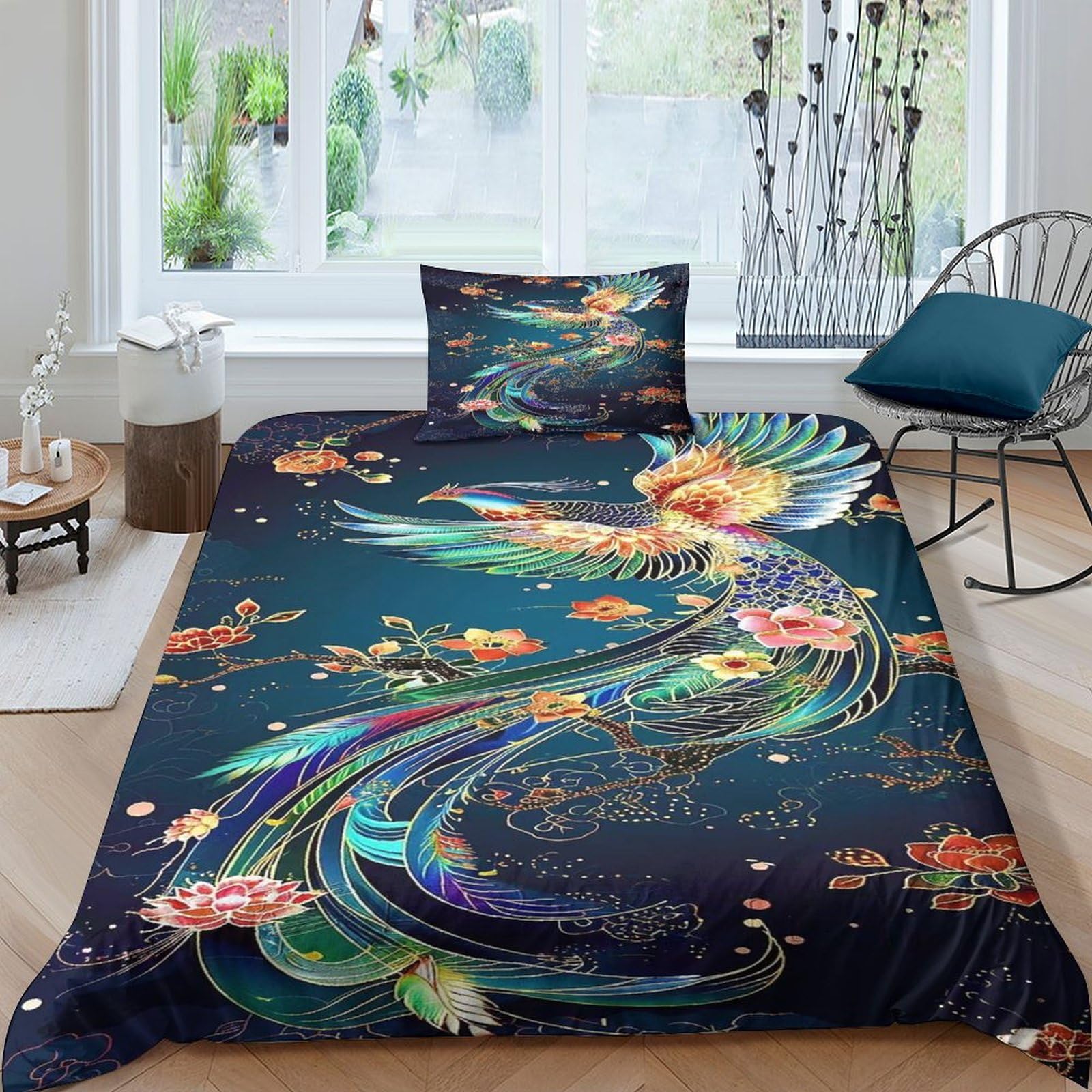 Housse de couette paon 135x200 parure de lit microfibre avec fermeture éclair