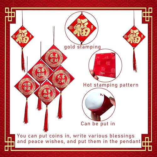 Miniatura 6 de Decoraciones de año nuevo chino, colgante de nudo chino, adornos colgantes rojos, colgantes Lucky Fu para Año Nuevo, árbol para el hogar, adornos