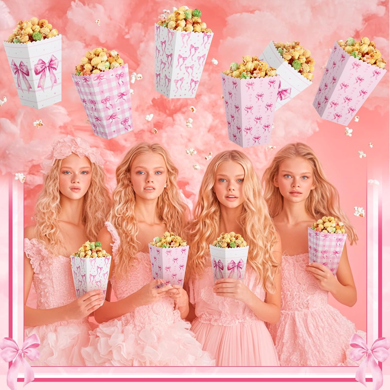 Honeydak 24 Pcs Pink Bow Popcorn Boxes Paper Kraft Popcorn Buckets