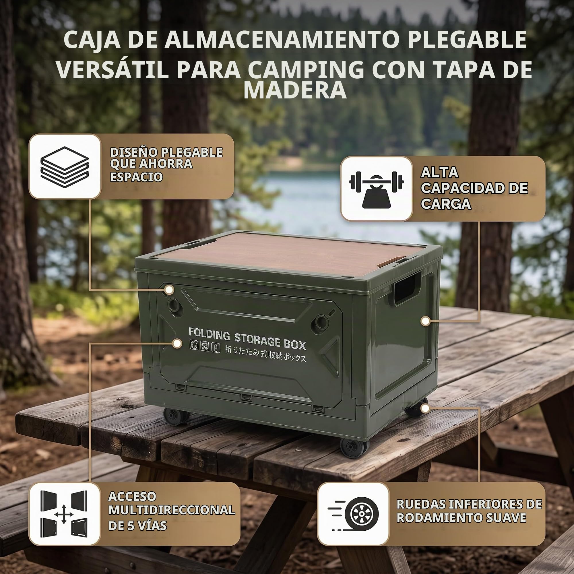 Caja de Almacenamiento con Tapa 50L, Caja de Camping para Maletero de Coche, Organiza Caja Plegable de Coche con 5 Ruedas, Accesorios de Camping para Viajes Al Aire Libre,