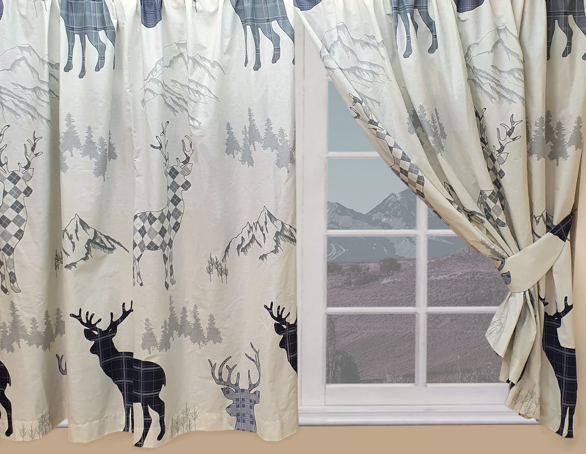 Highland Stag 66" x 54" Unlined Pencil Pleat Curtains Mountains Navy Grey