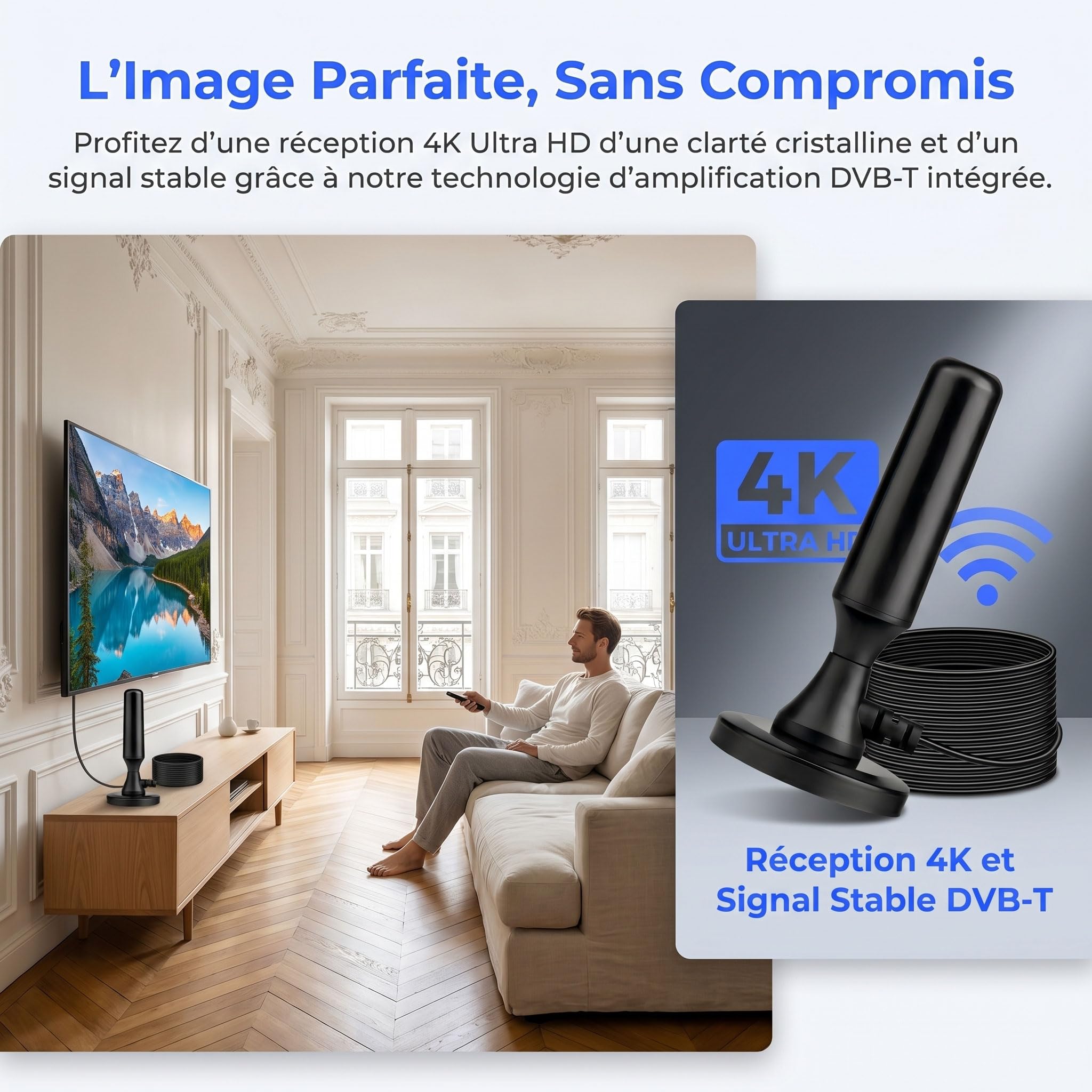 Antenne TV Intérieur Puissante 2026, Antenne TNT Intérieur Amplifiée 360° pour Smart TV, Amplificateur Signal 500km, Chaînes Gratuites 4K 1080P HD, Base Magnétique, Câble 3M