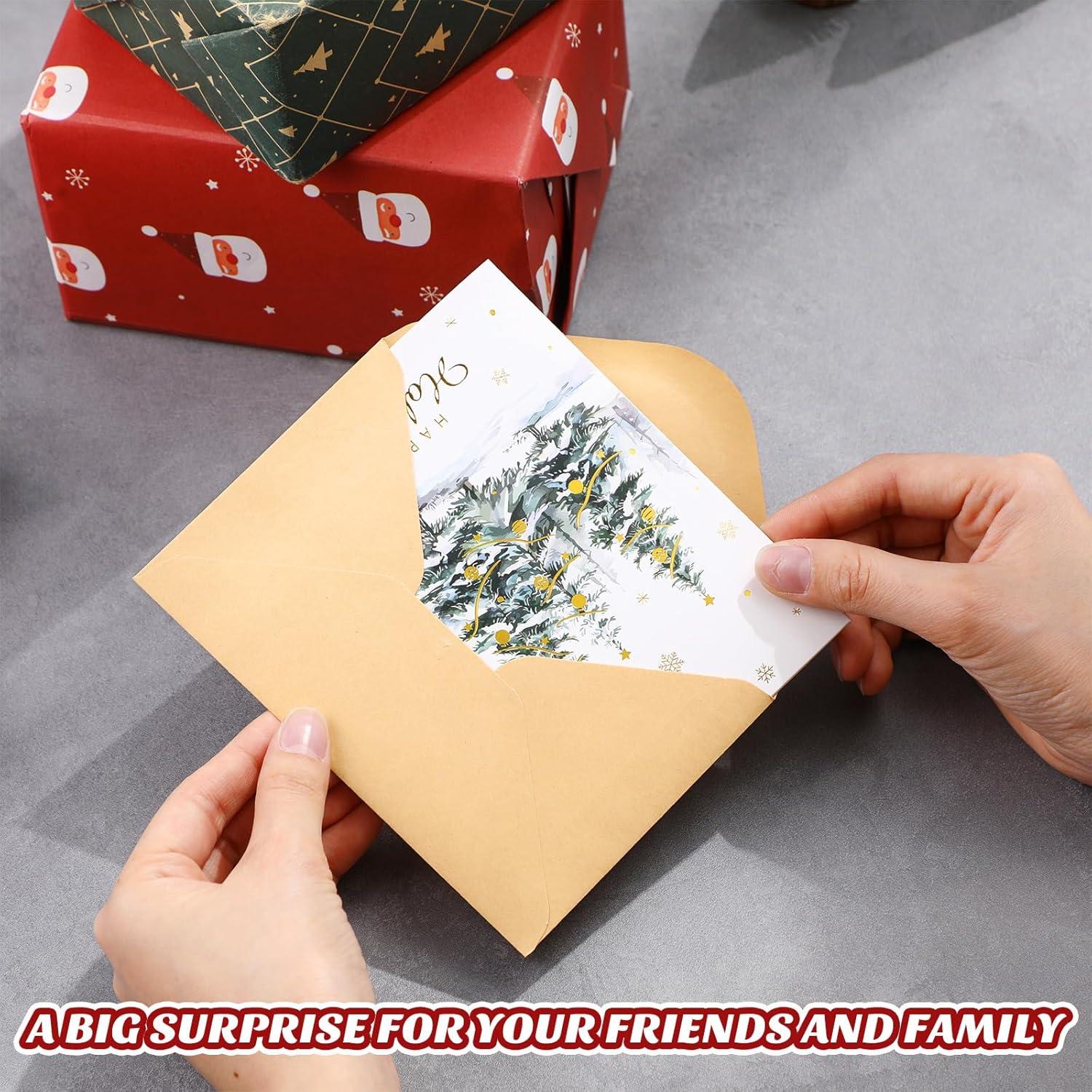 Fainne 120 Pack Gold Foil Christmas Greeting Cards with Kraft Envelopes and Stickers for Happy Holidays Xmas Tree Note Cards 6 Design Assorted Blank Note for Winter Festival Party Supplies Gift