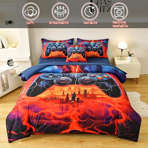 Miniatura 5 de DORCAS Juego de edredón gamer para niños y niños, juego de ropa de cama de microfibra con controlador de videojuegos 3D de 6 piezas para todas las
