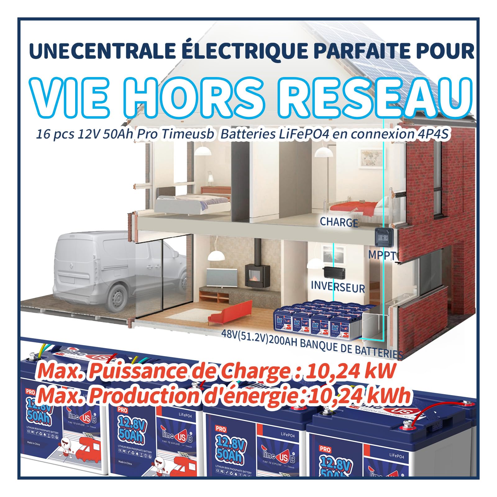 Timeusb Batterie Lithium 12V 50Ah avec 50A BMS pour Camping-Cars Bateaux