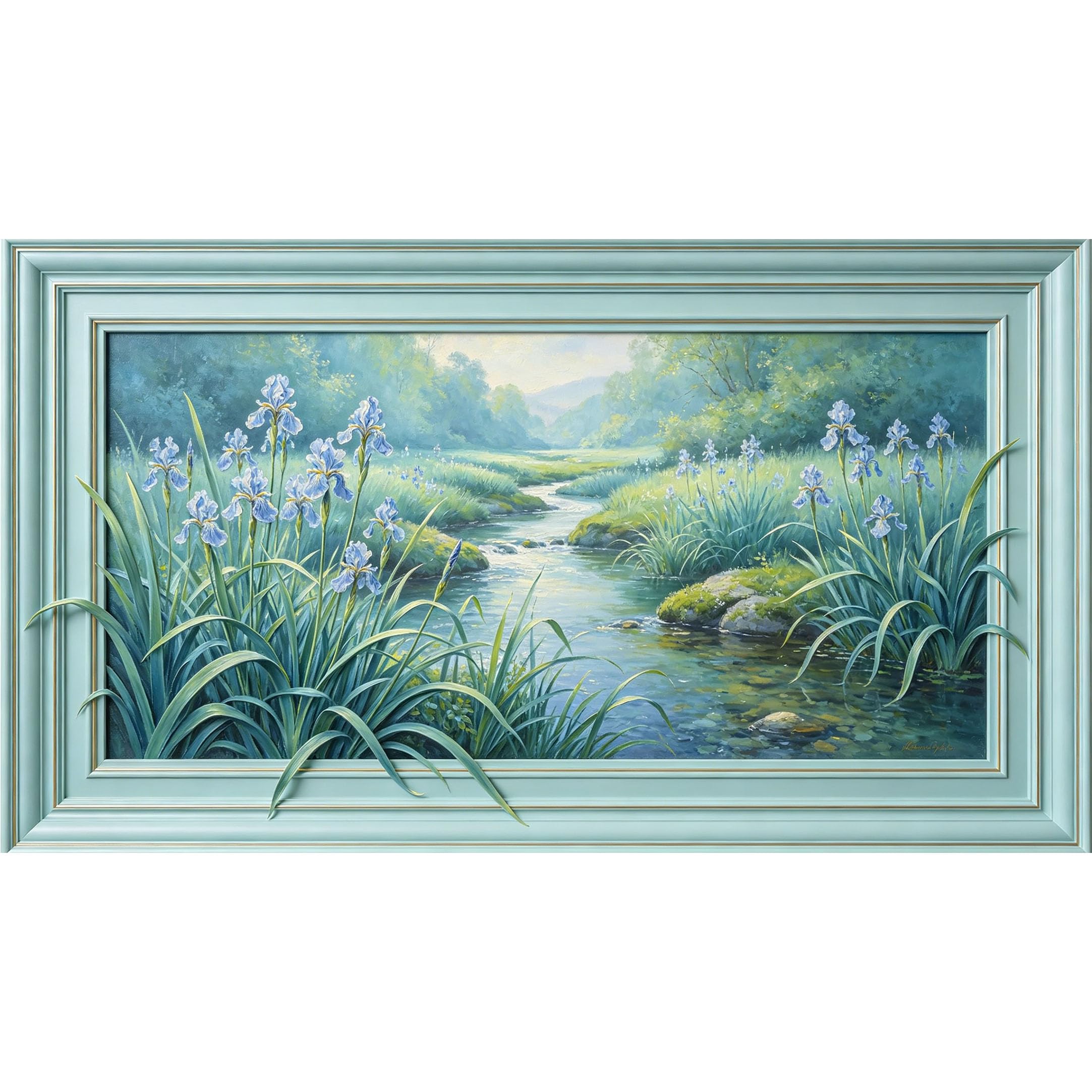 QZLITHOTIC 50×100cm 3D Framed Wall Art， Botanical River Landscape Iris Bloom Self?Adhesive Mural， Water?Activated Peel & Stick Fabric Decor Wall Decal for Bedroom Living Room
