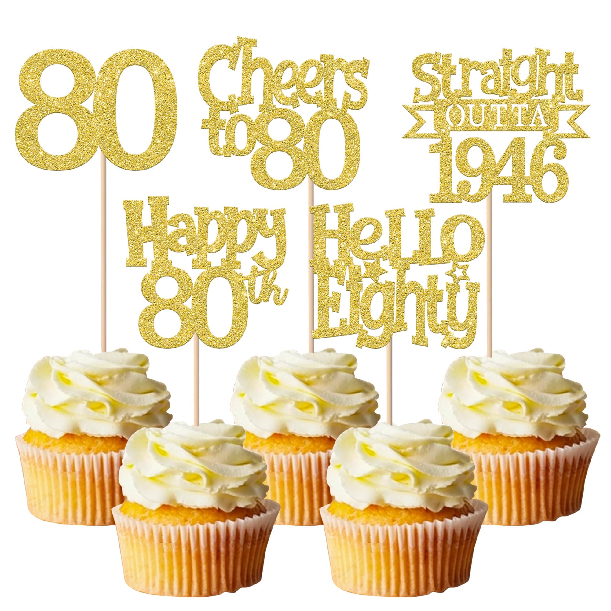 SYKYCTCY 30 Pack Happy 80th Birthday Cupcake Toppers Glitter Eighty Straight Outta 1946 Cupcake Picks Cheers to 80 Years Cake Decorations for Happy 80th Birthday Party Supplies Gold