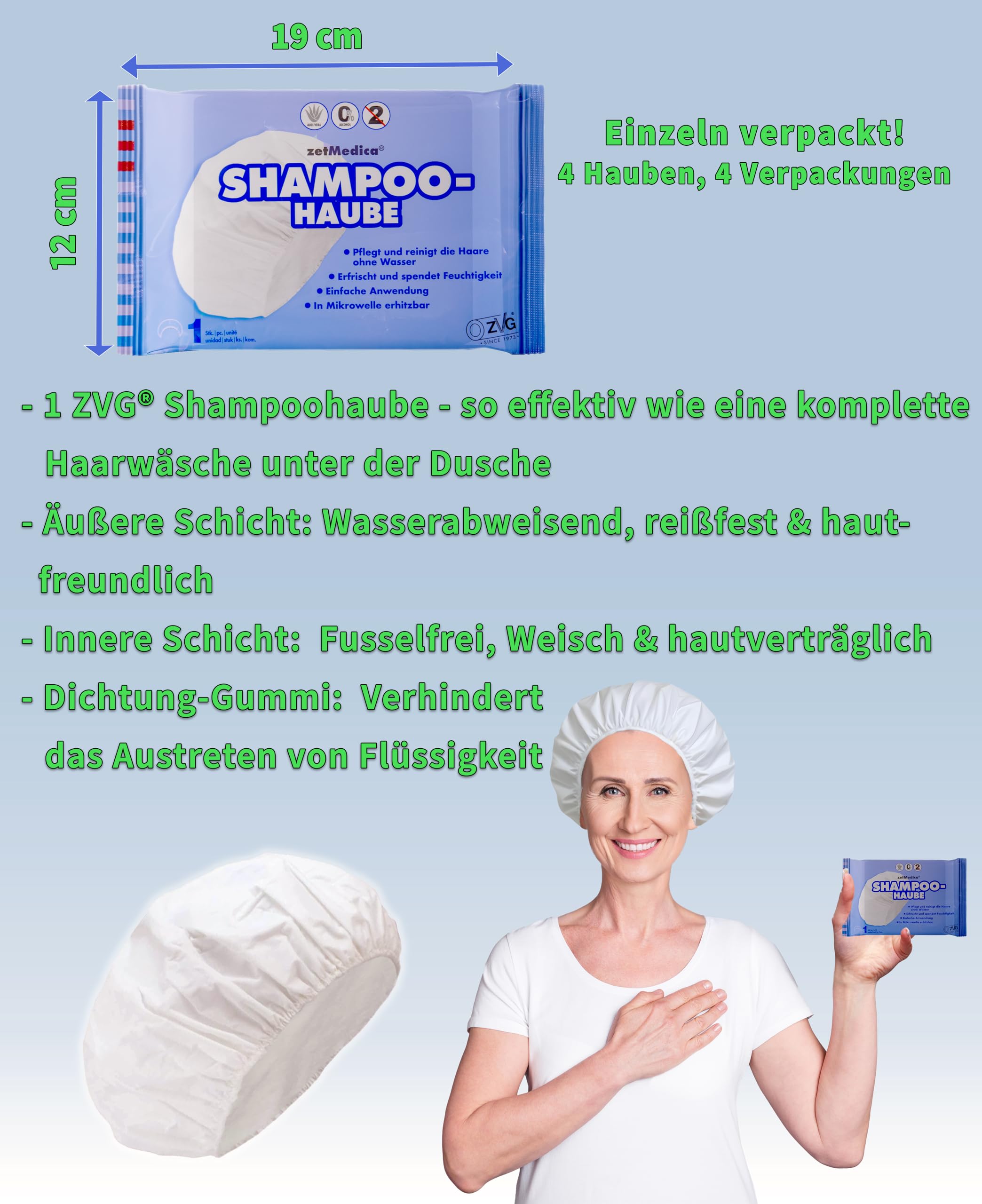 ZVG zetMedica® 8x Einweg Shampoo Hauben - Shampoohaube - Wasserlose Haarwäsche - Medizinische Qualität - Dermatest zertifiziert und Hautverträglich - Inklusive Trocknungslappen (8 Stk.)