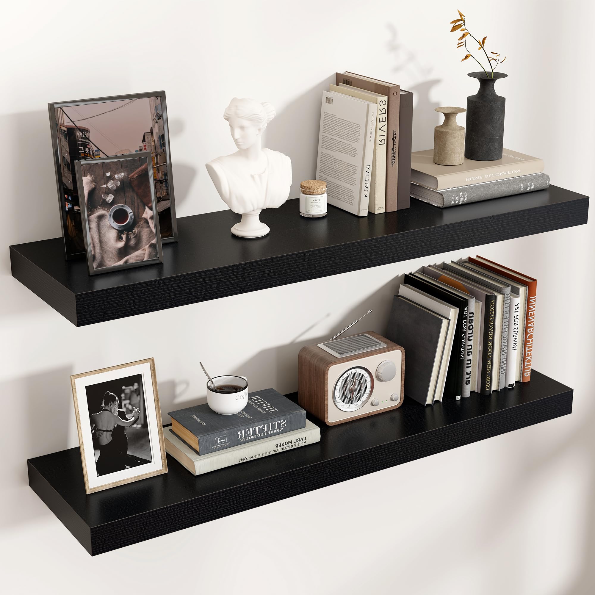 Venusmiles Floating Shelves for Wall, Engineered Wood Wall Shelves with Invisible Brackets for Living Room Bedroom Bathroom Office Kitchen Decor and