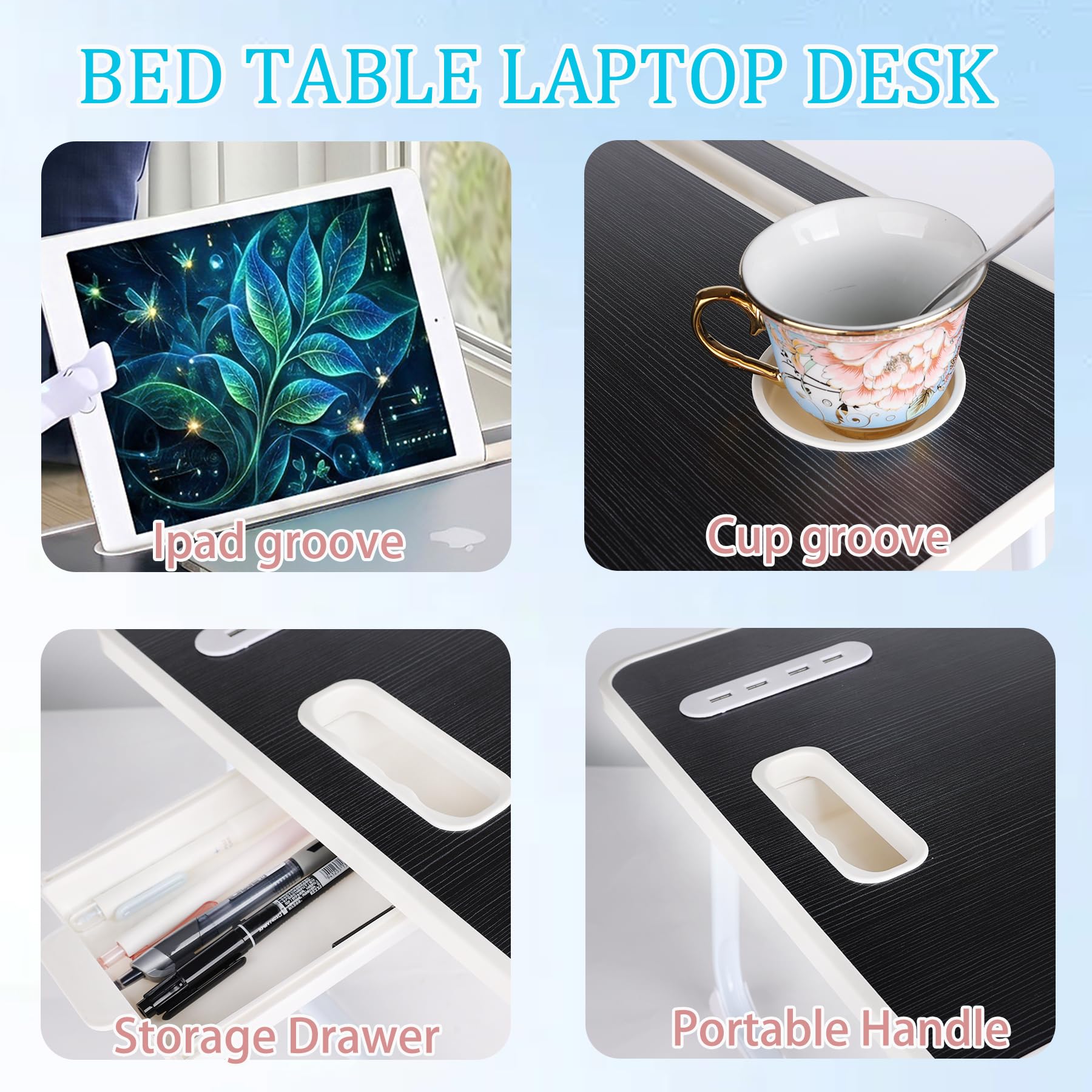Mesa de cama para laptop, mesa de cama plegable portátil con puertos USB, cajón lateral, tarjeta de escritorio y asa, bandeja portátil para comer, trabajar, estudiar y leer