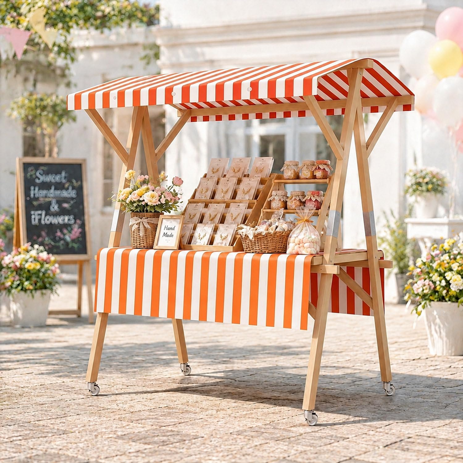 COAKUE Collapsible Wooden Farmers Market Stand on Wheels with Canopy, Outdoor Vendor Cart Vendor Booth for Street Food, Markets & Outdoor Events OrangeB-120cm/47.2in