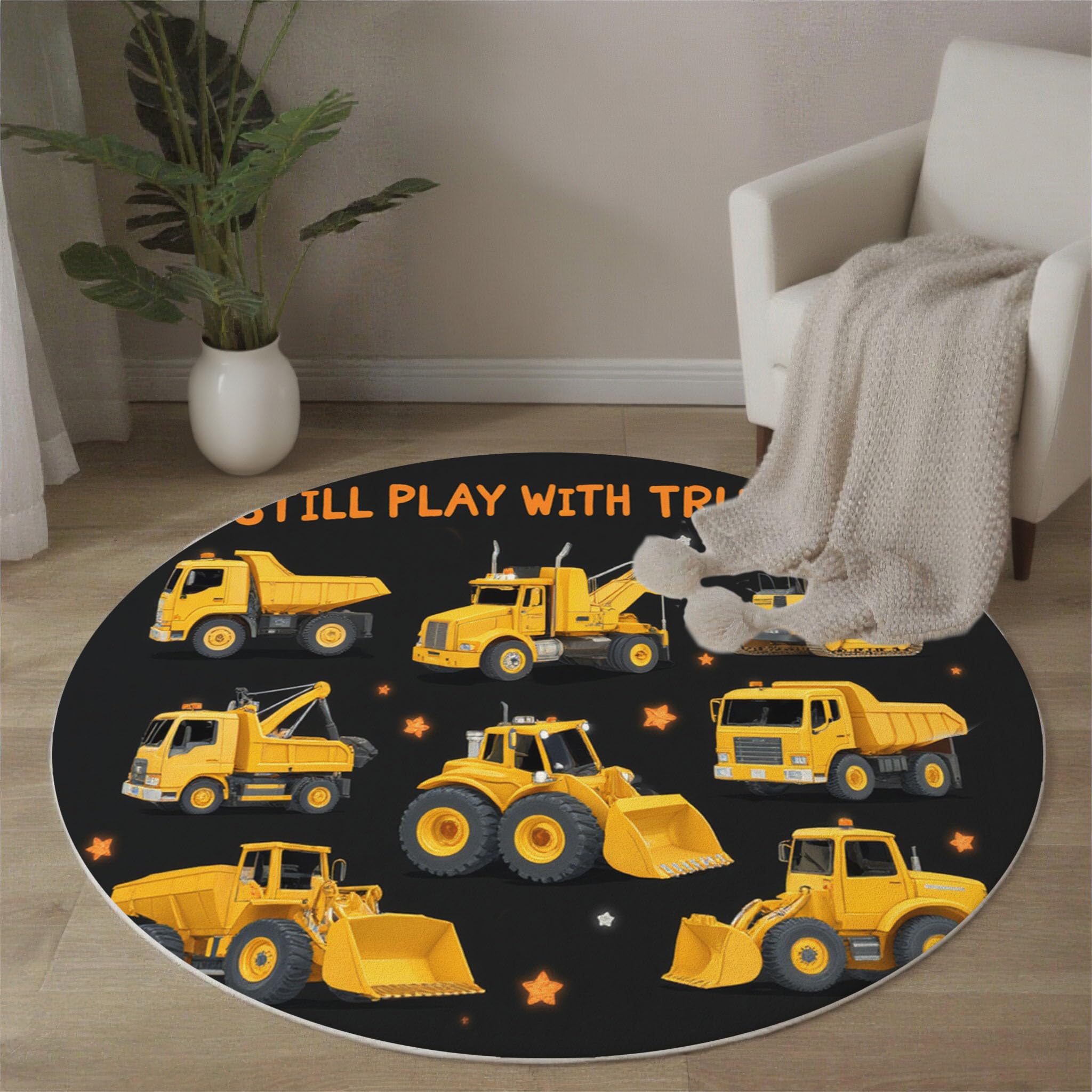 Tappeto Rotondo Salotto 140cm Tappetini a Pelo Corto Veicoli Da Costruzione Antiscivolo Lavabile Bambino Scendiletto per Bambini Cameretta, Zona Balcone, Tappeto Tavolino, Nero