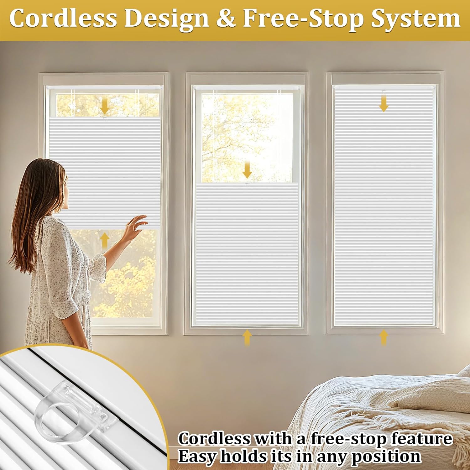 Shade&Beyond No Tools No Drill Blinds for Indoor Windows, Cordless Top Down Bottom Up Cellular Honeycomb Shade for Window, Light Filtering Thermal Insulation Noise Reduction, 34" W x 64" H, White